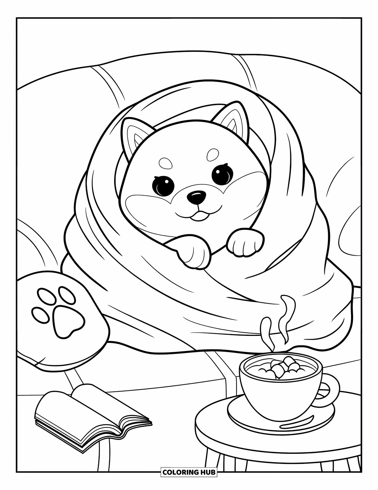 Puppy Coloring Page for Adults: A warm and sleepy Shiba Inu puppy curls up in a blanket on a soft pillow