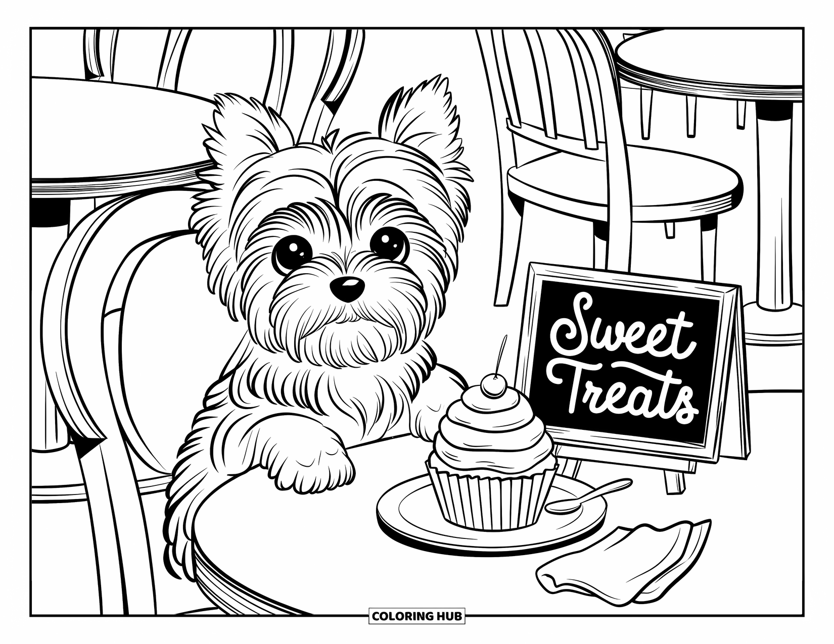Puppy Coloring Page for Adults: A Yorkshire Terrier puppy eagerly watches a cupcake on a table, ready for a treat