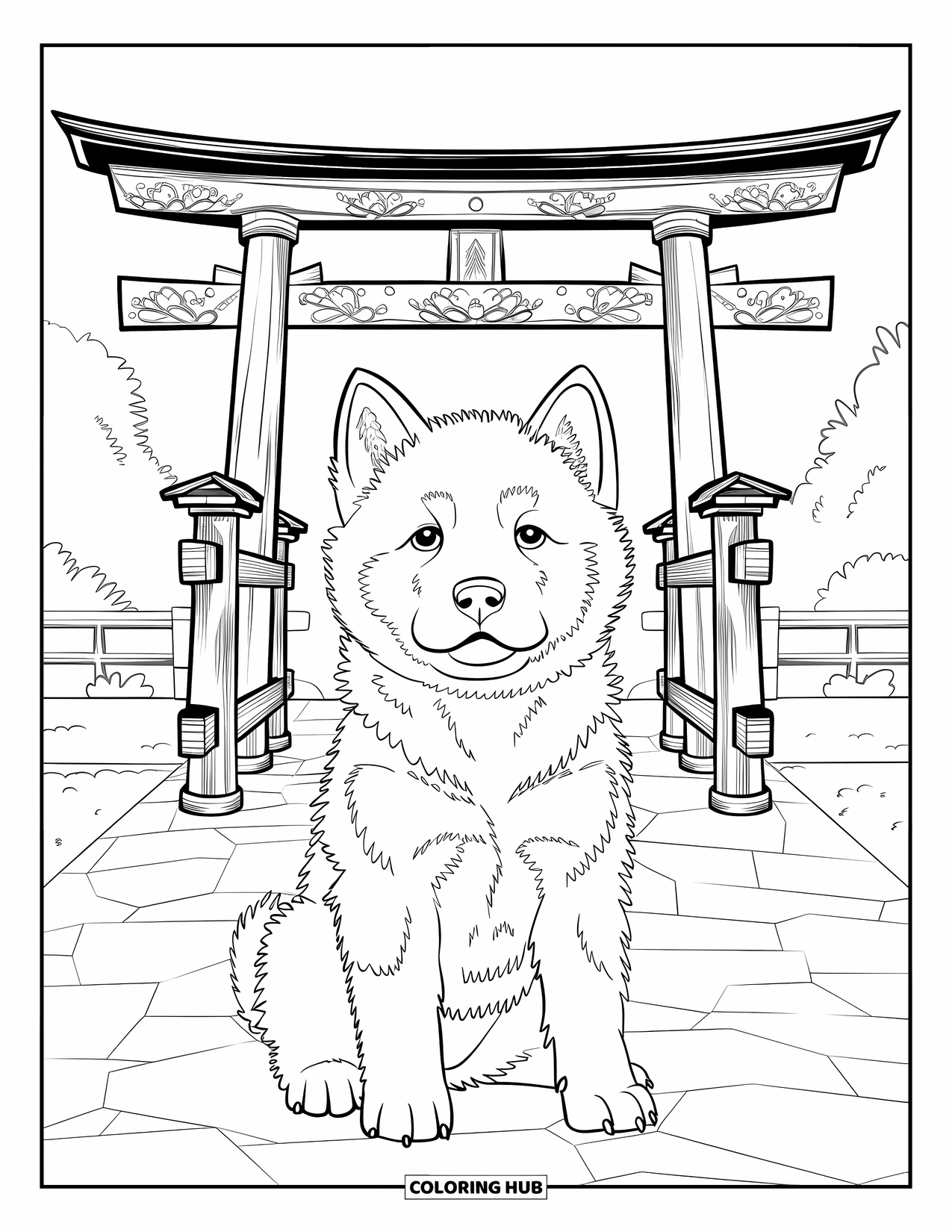 Puppy Coloring Page for Adults: An Akita Inu puppy rests in front of a torii gate, surrounded by a peaceful garden