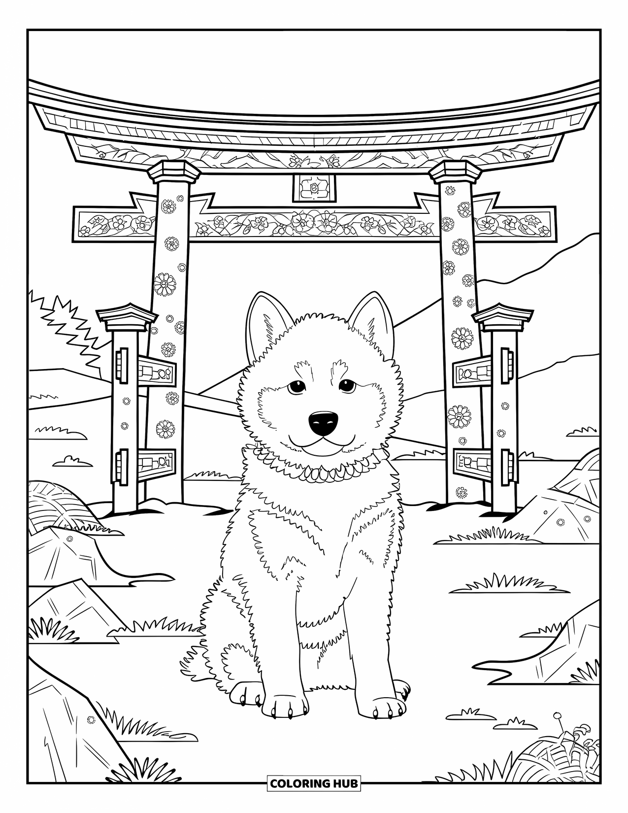 Puppy Coloring Page for Adults: An Akita Inu puppy sits proudly before a detailed Japanese torii gate with floral carvings