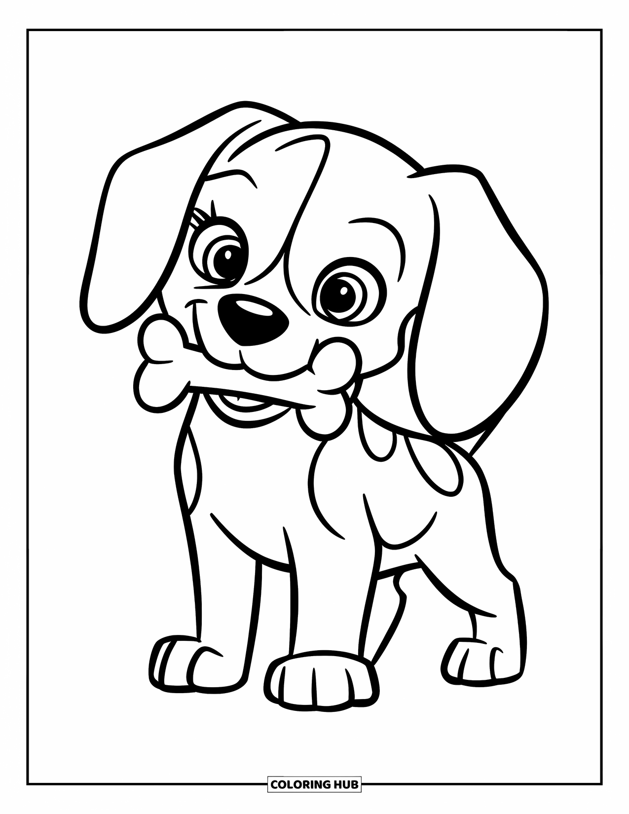 Puppy Coloring Page for Kids: A Beagle puppy with floppy ears sits with a bone, ready for a fun game