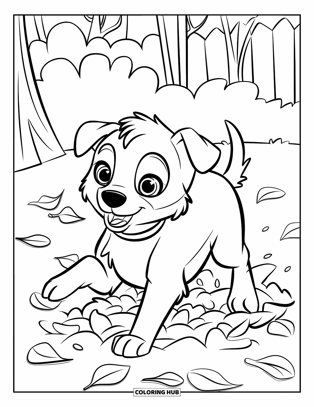 Puppy Coloring Page for Kids: A Border Collie puppy bites at falling leaves while playing in a backyard