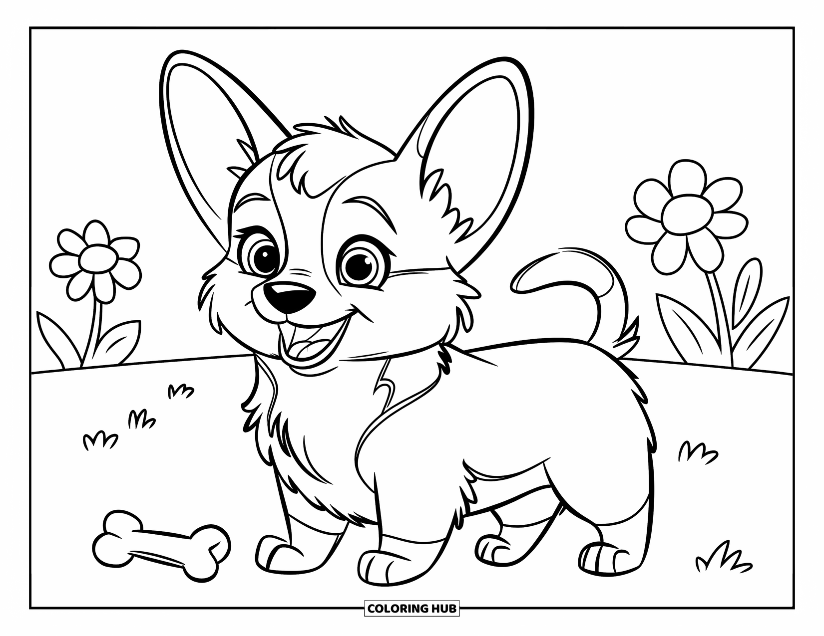 Puppy Coloring Page for Kids: A cheerful Corgi puppy with big ears stands proudly in a field with flowers