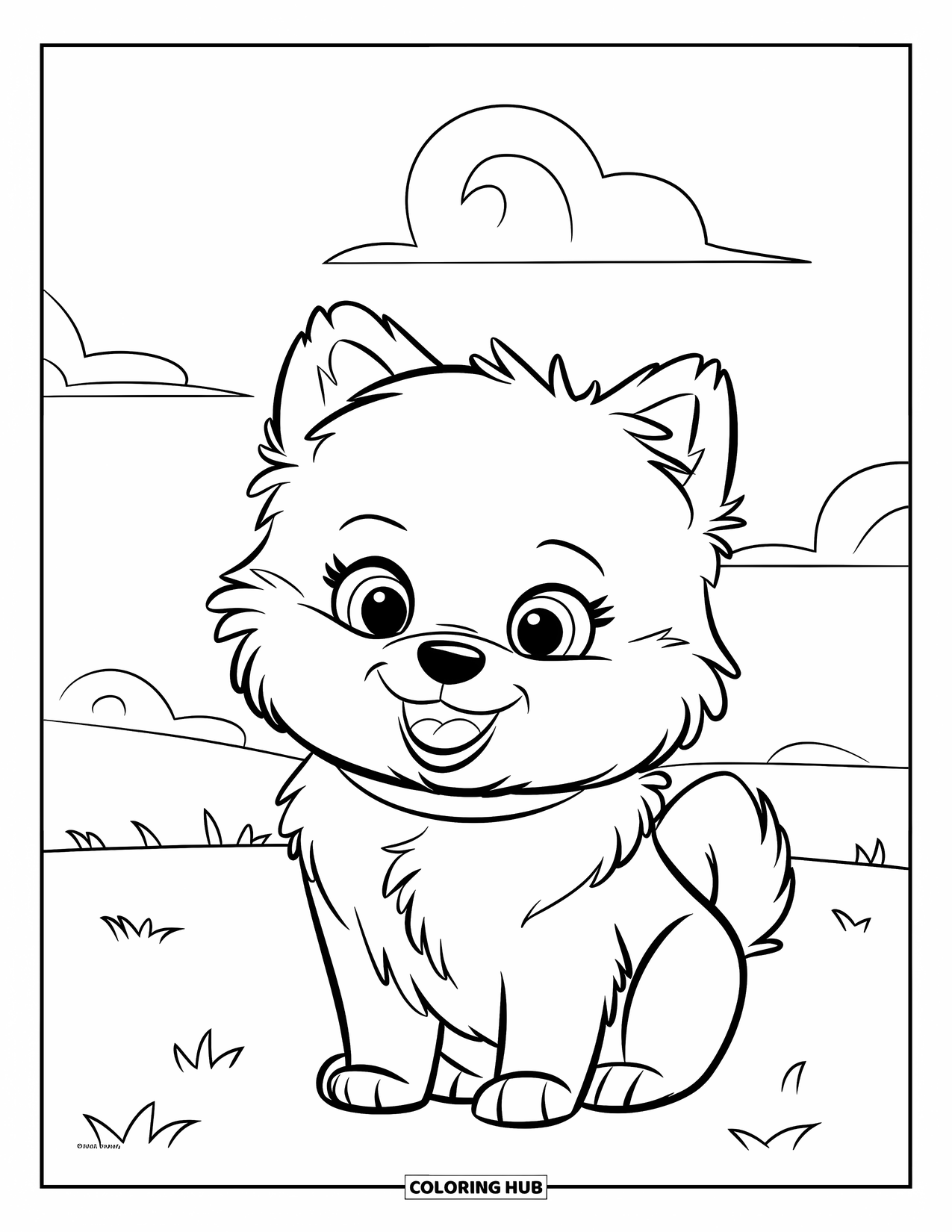 Puppy Coloring Page for Kids: A cheerful Pomeranian puppy with a bushy tail sits on the grass, smiling