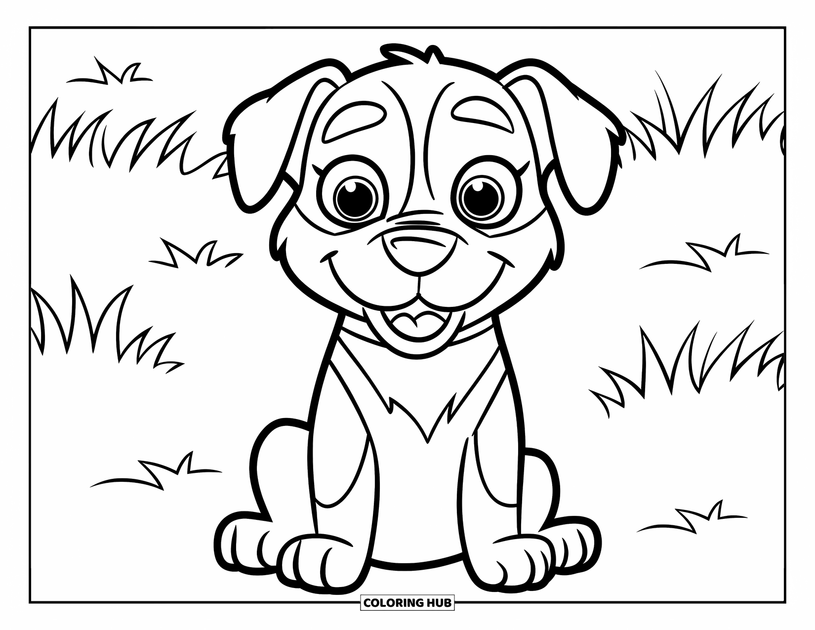 Puppy Coloring Page for Kids: A cheerful Rottweiler puppy sits on the grass, tail wagging and ears flopping