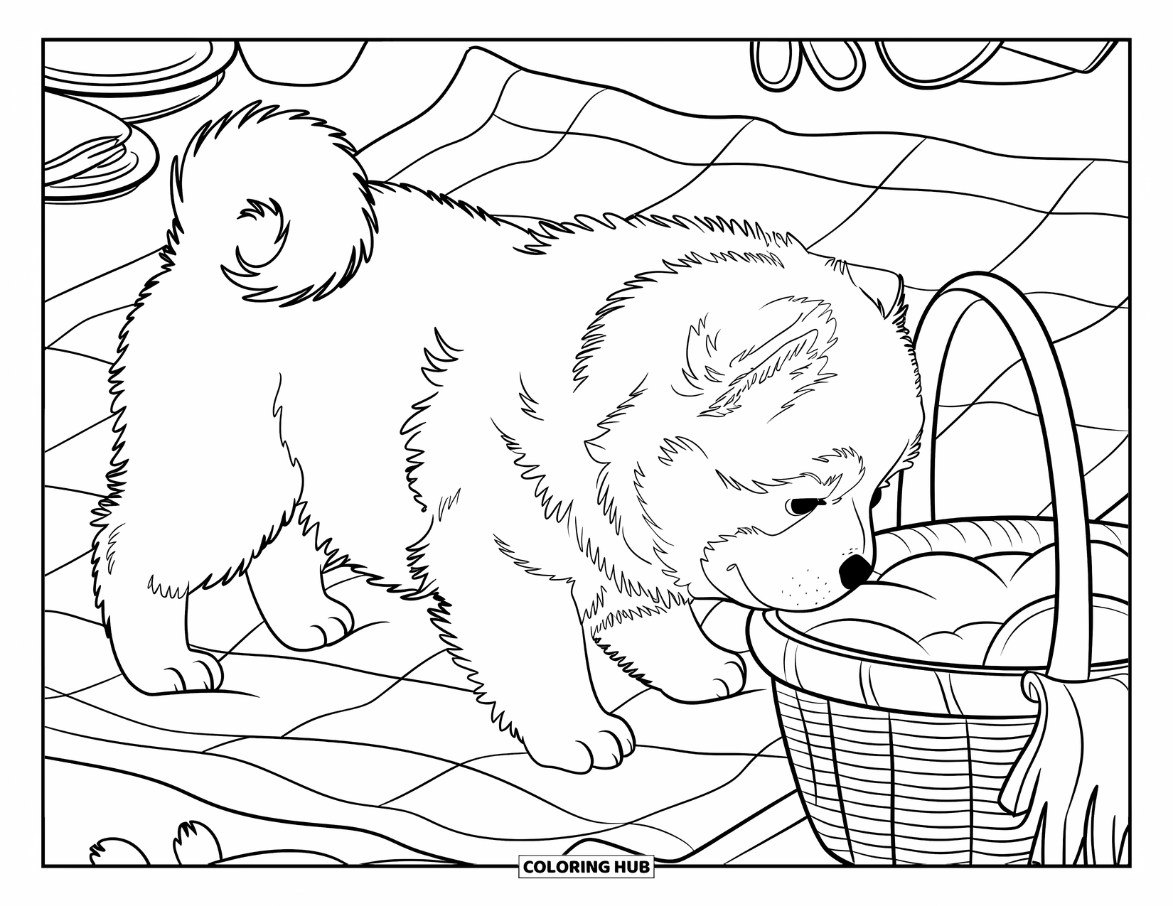 Puppy Coloring Page for Kids: A Chow Chow puppy sits beside a picnic blanket, eyeing a delicious meal