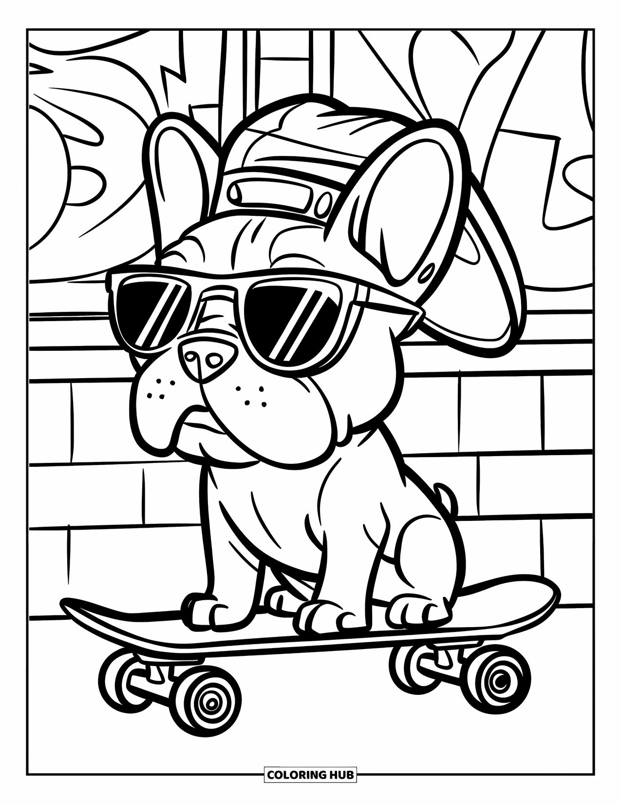 Puppy Coloring Page for Kids: A cool French Bulldog puppy in sunglasses poses on a skateboard near a graffiti wall