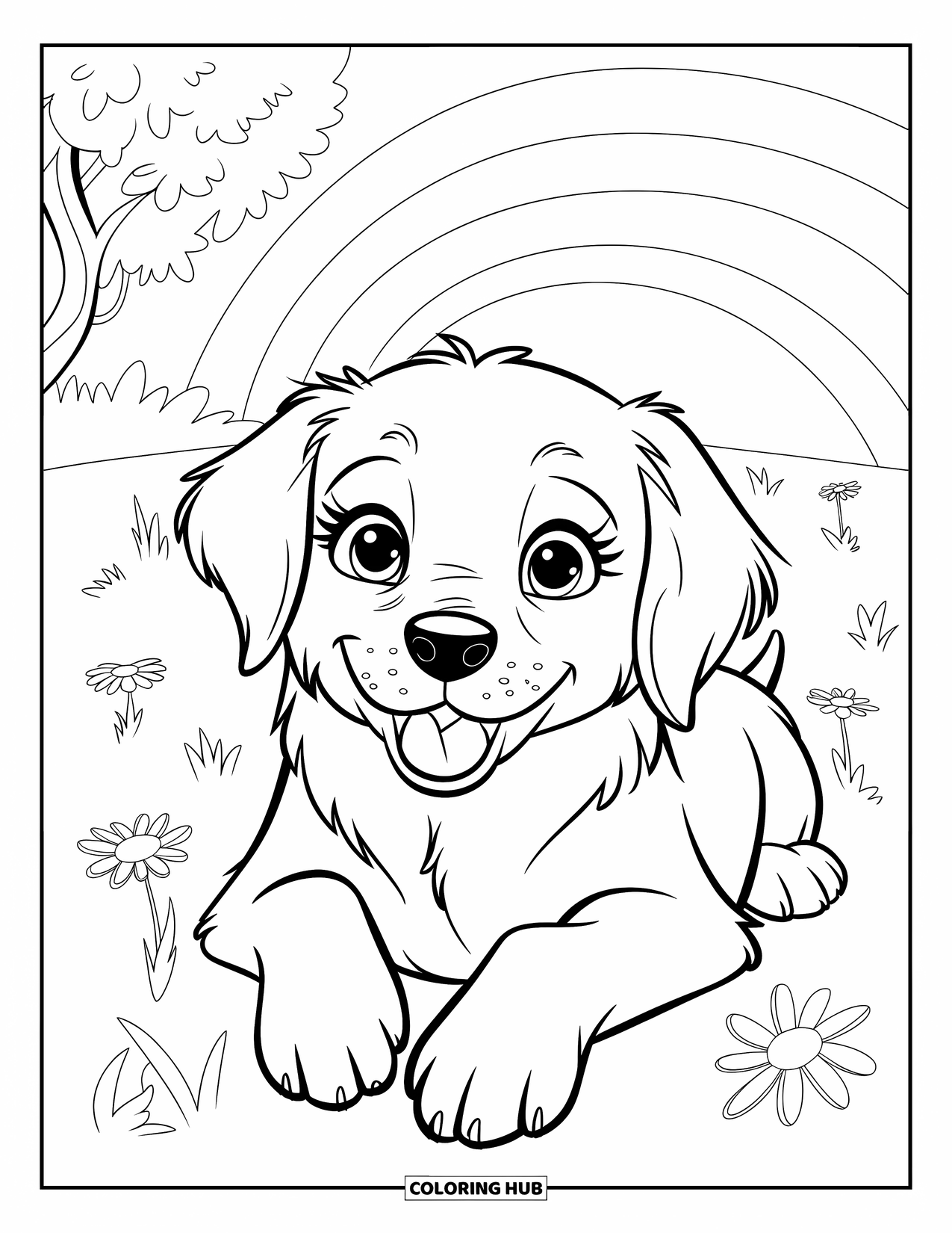 Puppy Coloring Page for Kids: A cuddly Golden Retriever puppy rests on the ground, looking relaxed and content