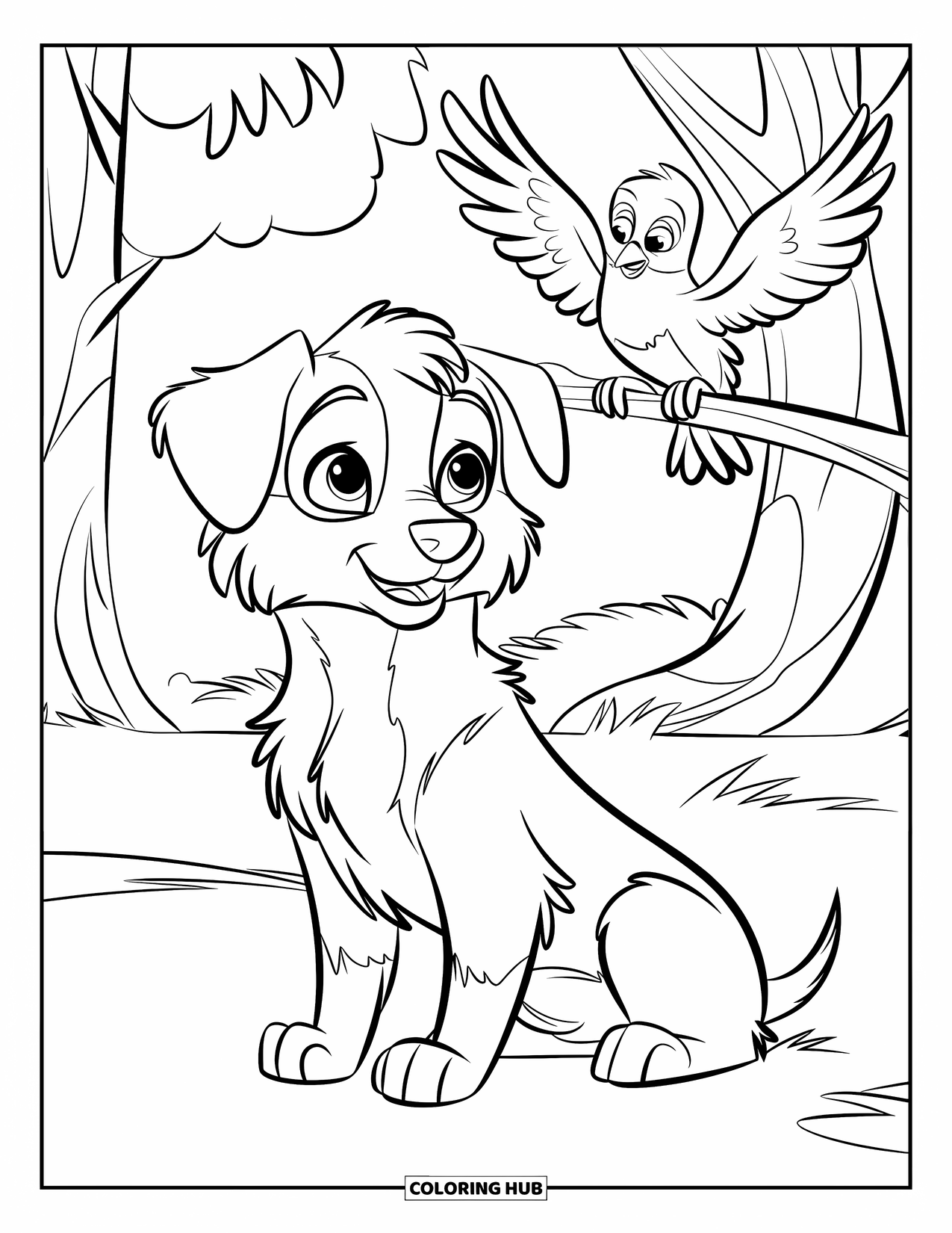 Puppy Coloring Page for Kids: A curious Australian Shepherd puppy looks up at a bird perched on a tree branch