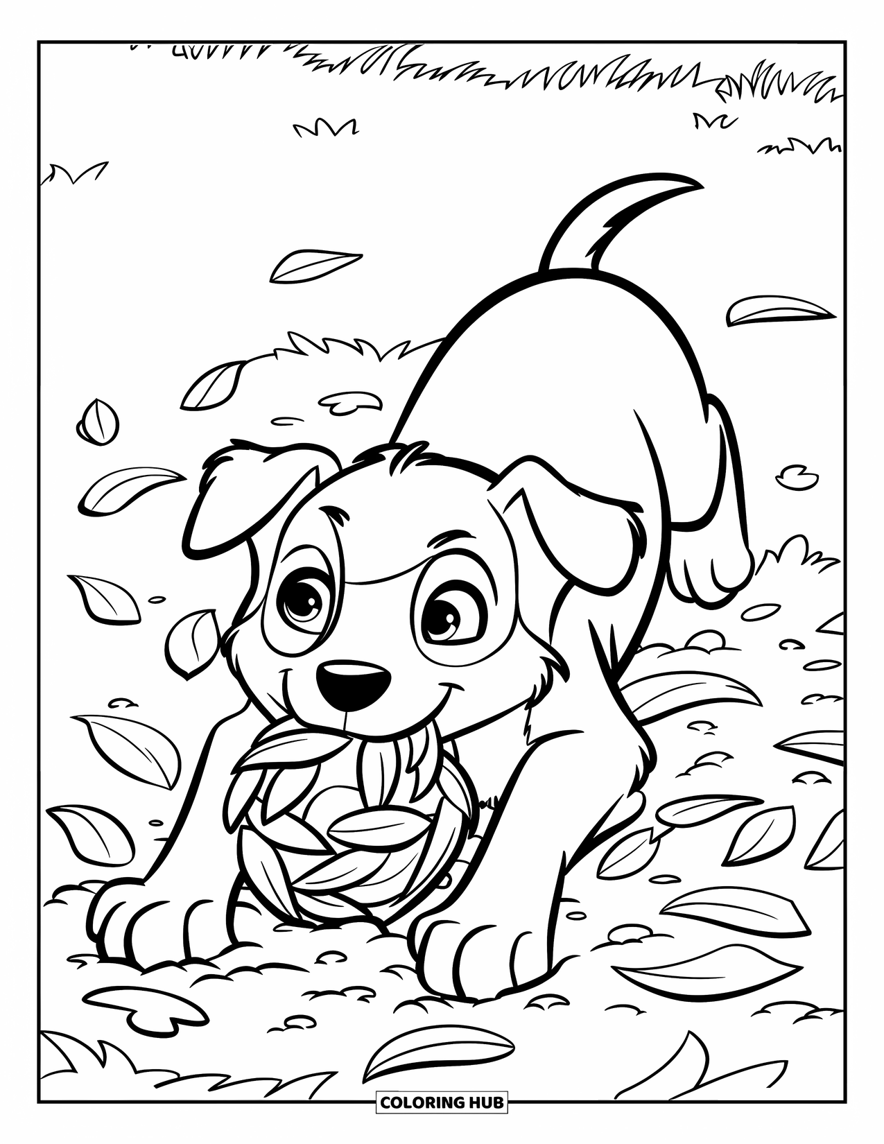 Puppy Coloring Page for Kids: A curious Border Collie puppy rolls in a colorful pile of autumn leaves