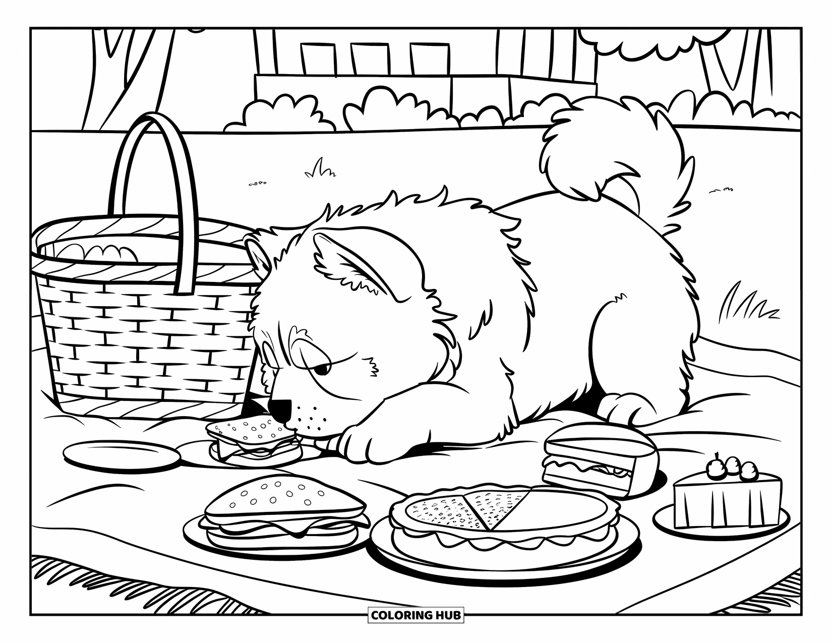 Puppy Coloring Page for Kids: A curious Chow Chow puppy sniffs a basket of treats at a peaceful picnic scene