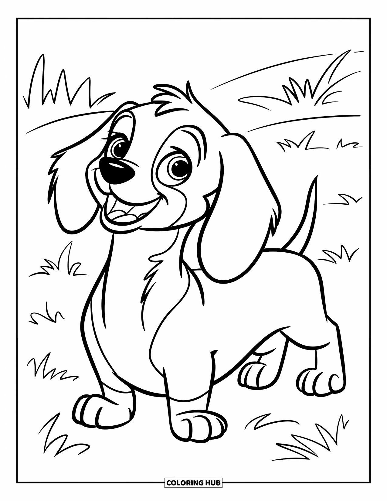 Puppy Coloring Page for Kids: A curious Dachshund puppy with long ears stands happily, ready to play