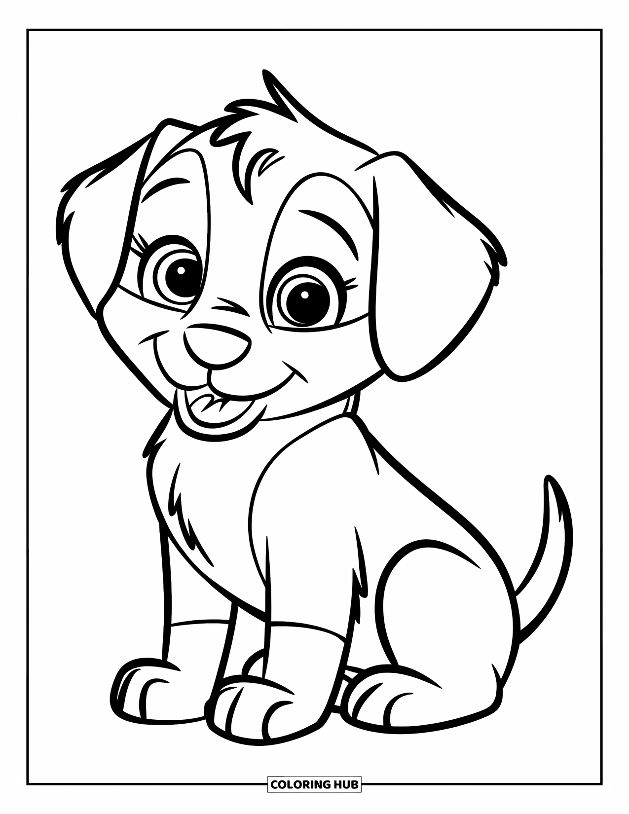 Puppy Coloring Page for Kids: A cute Labrador Retriever puppy sits with a wagging tail and round, eager eyes