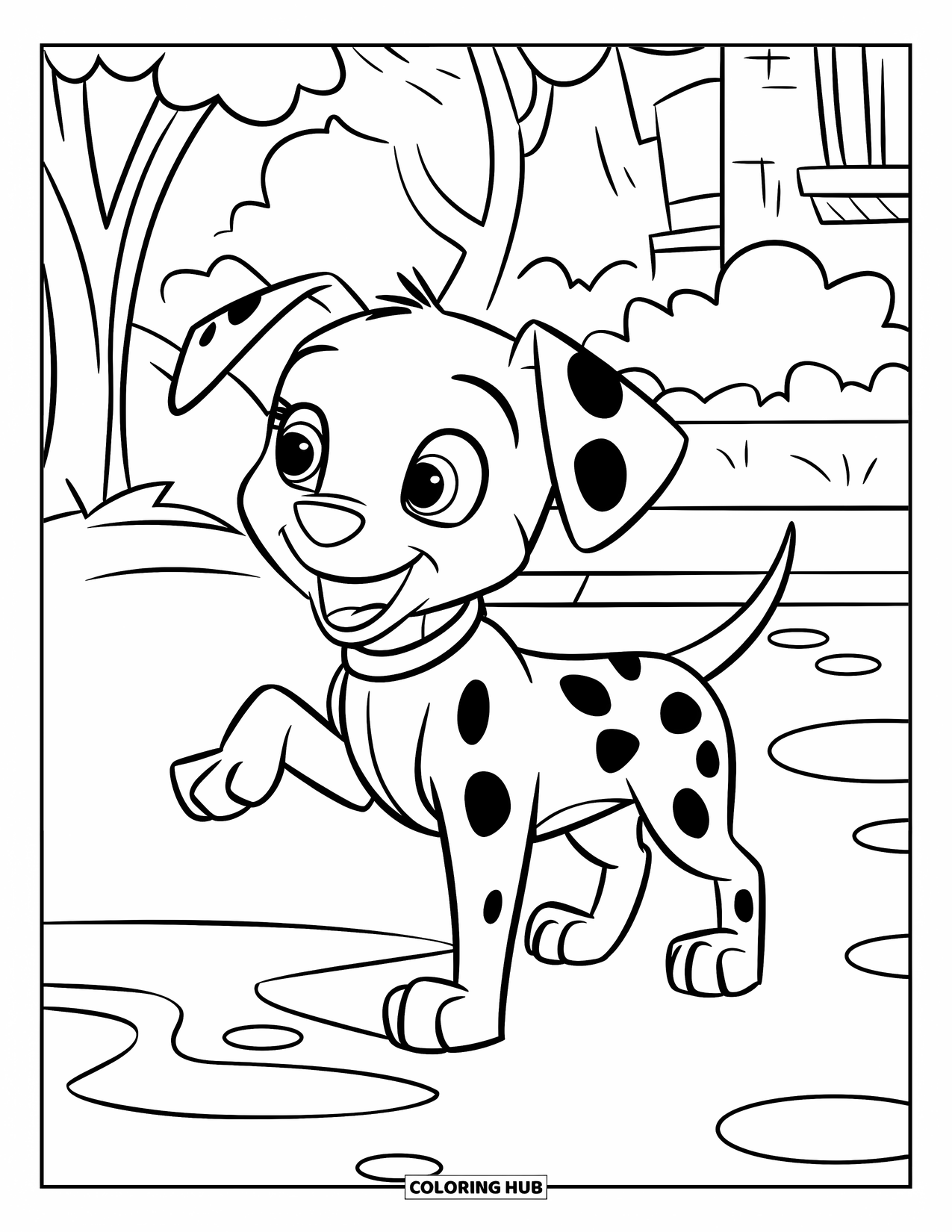 Puppy Coloring Page for Kids: A Dalmatian puppy lifts one paw while staring at its reflection in a puddle
