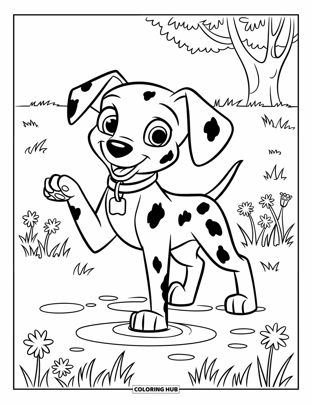 Puppy Coloring Page for Kids: A Dalmatian puppy stands near a puddle, watching ripples form in the water