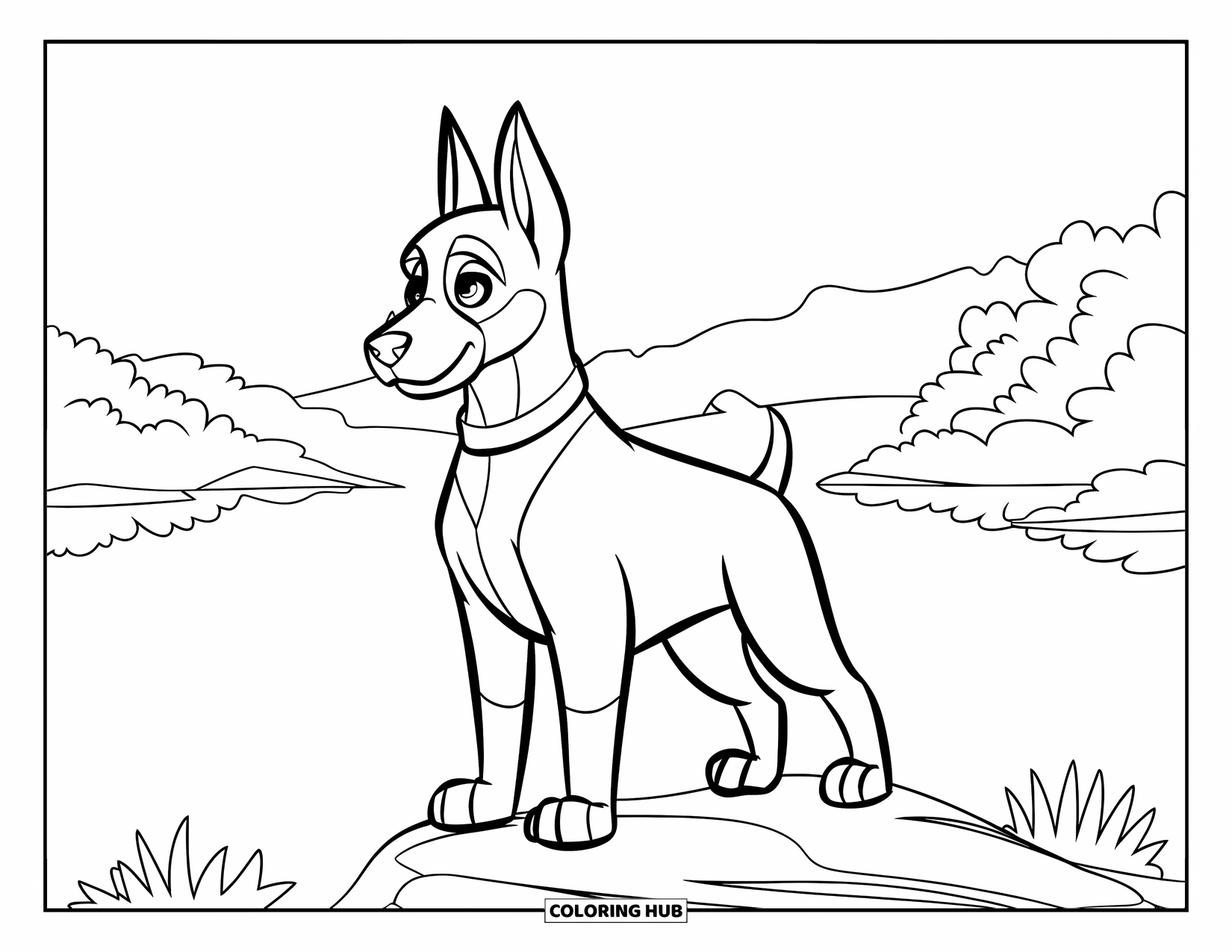 Puppy Coloring Page for Kids: A Doberman puppy with a collar stands on a rock, overlooking a lake and mountains