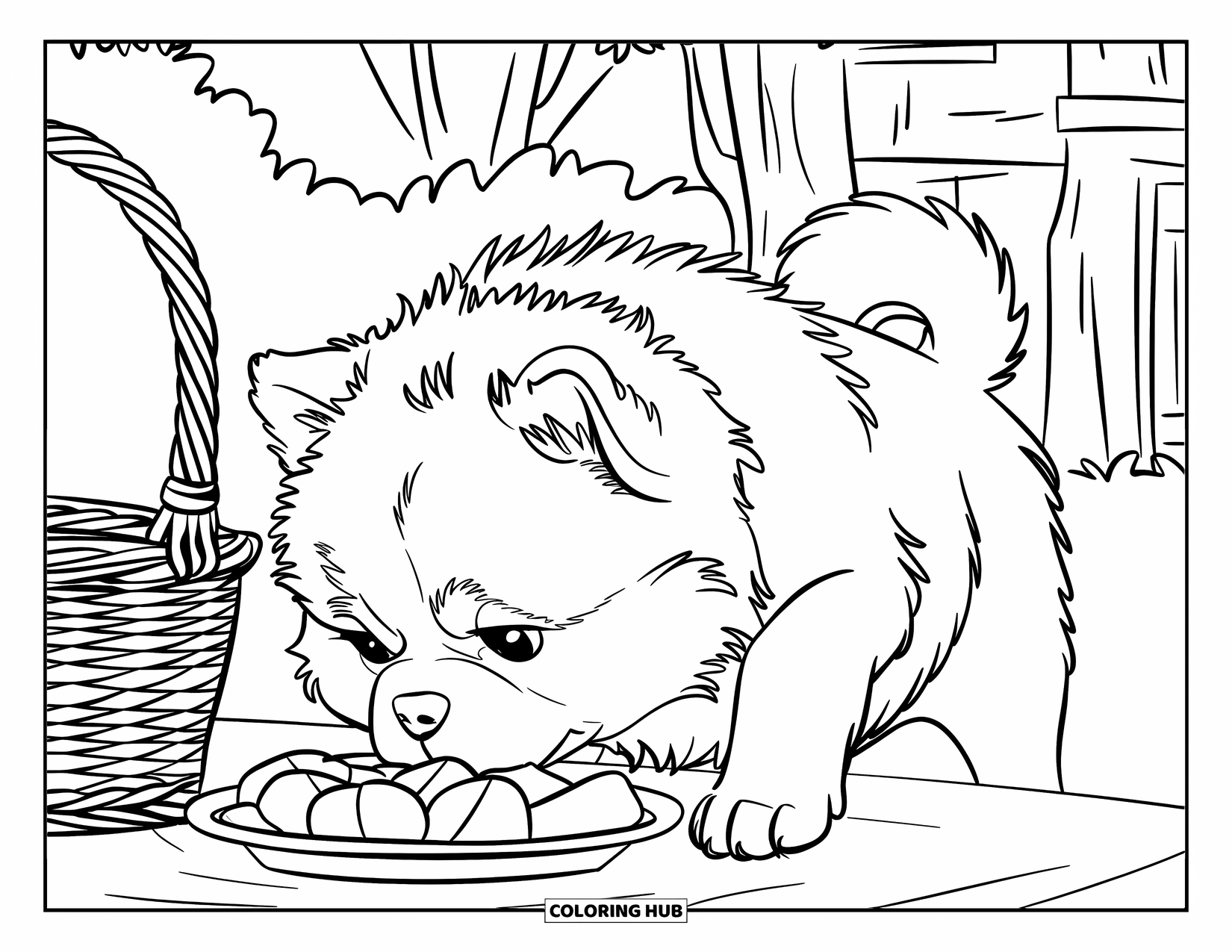 Puppy Coloring Page for Kids: A fluffy Chow Chow puppy investigates a picnic basket under the shade of trees