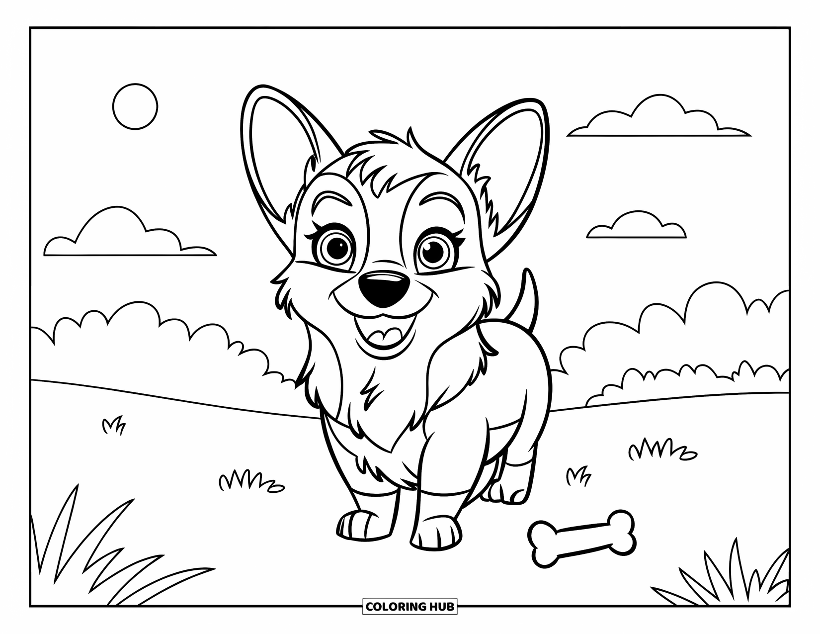 Puppy Coloring Page for Kids: A fluffy Corgi puppy stands happily, ears perked and tail wiggling with joy