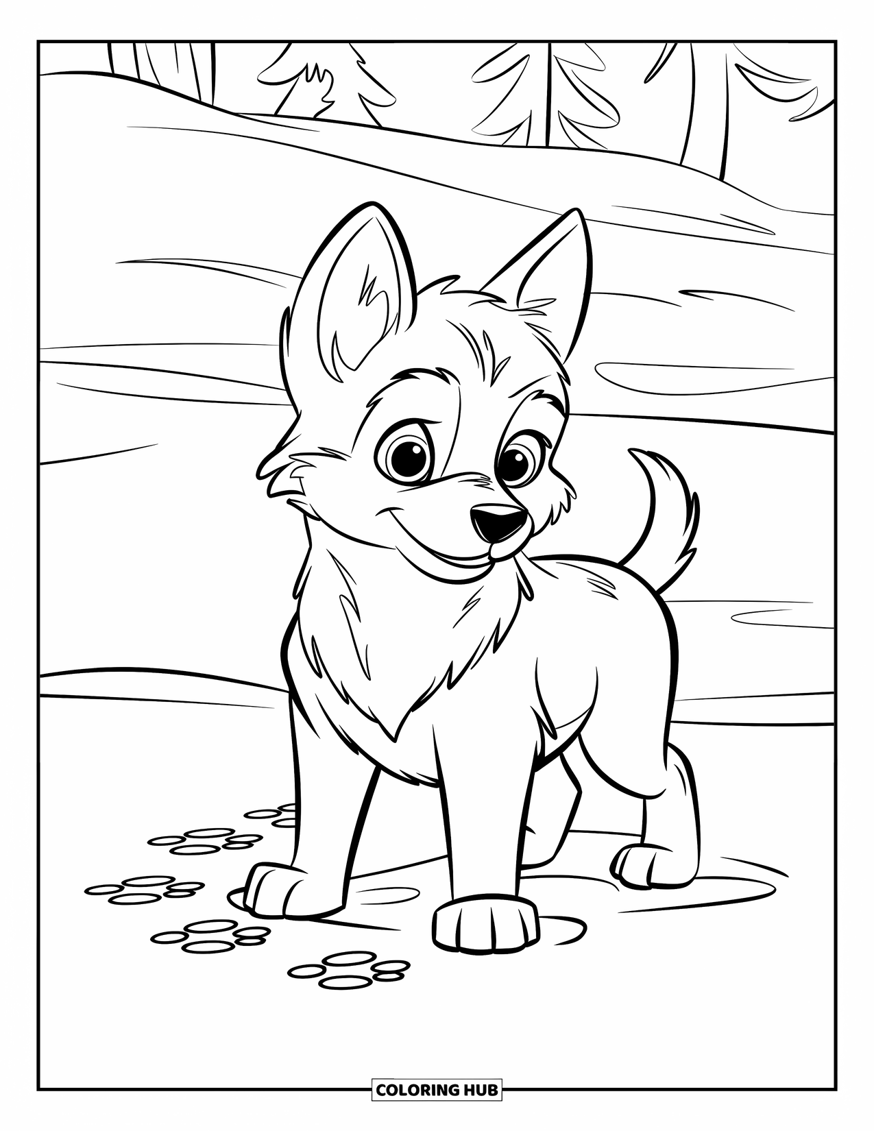 Puppy Coloring Page for Kids: A fluffy Husky puppy gazes at the snowy landscape, its breath visible in the cold air