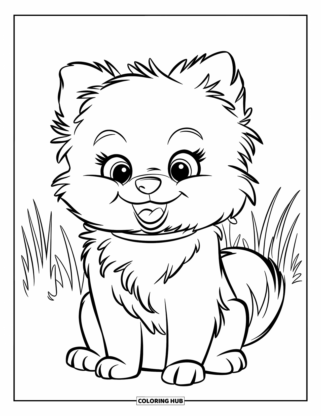 Puppy Coloring Page for Kids: A fluffy Pomeranian puppy sits happily, wearing a cute collar around its neck