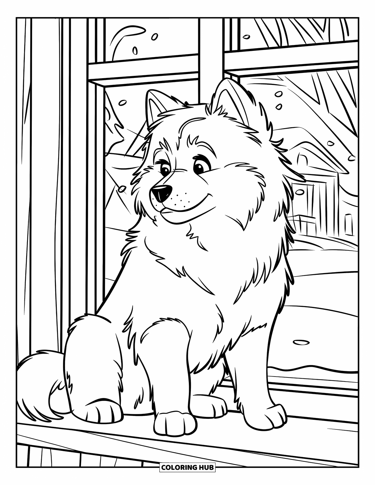 Puppy Coloring Page for Kids: A fluffy Samoyed puppy sits on a windowsill, gazing outside at a snowy landscape