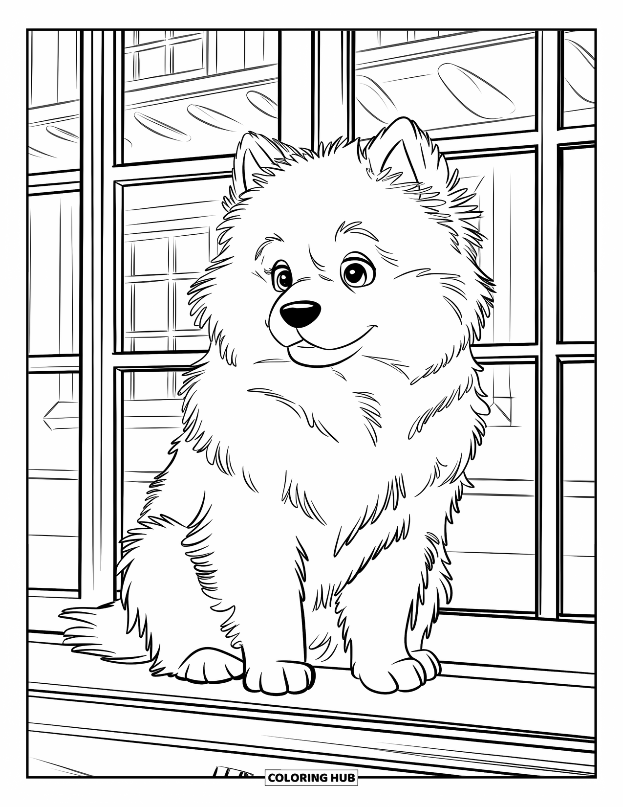Puppy Coloring Page for Kids: A fluffy Samoyed puppy watches through a wooden window, admiring the distant buildings