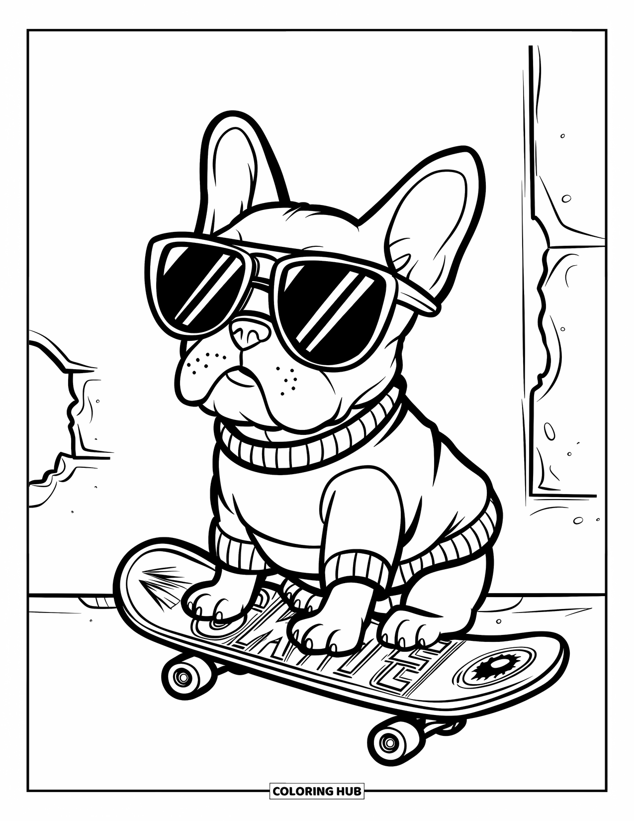 Puppy Coloring Page for Kids: A French Bulldog puppy in a hoodie balances on a skateboard with a playful grin