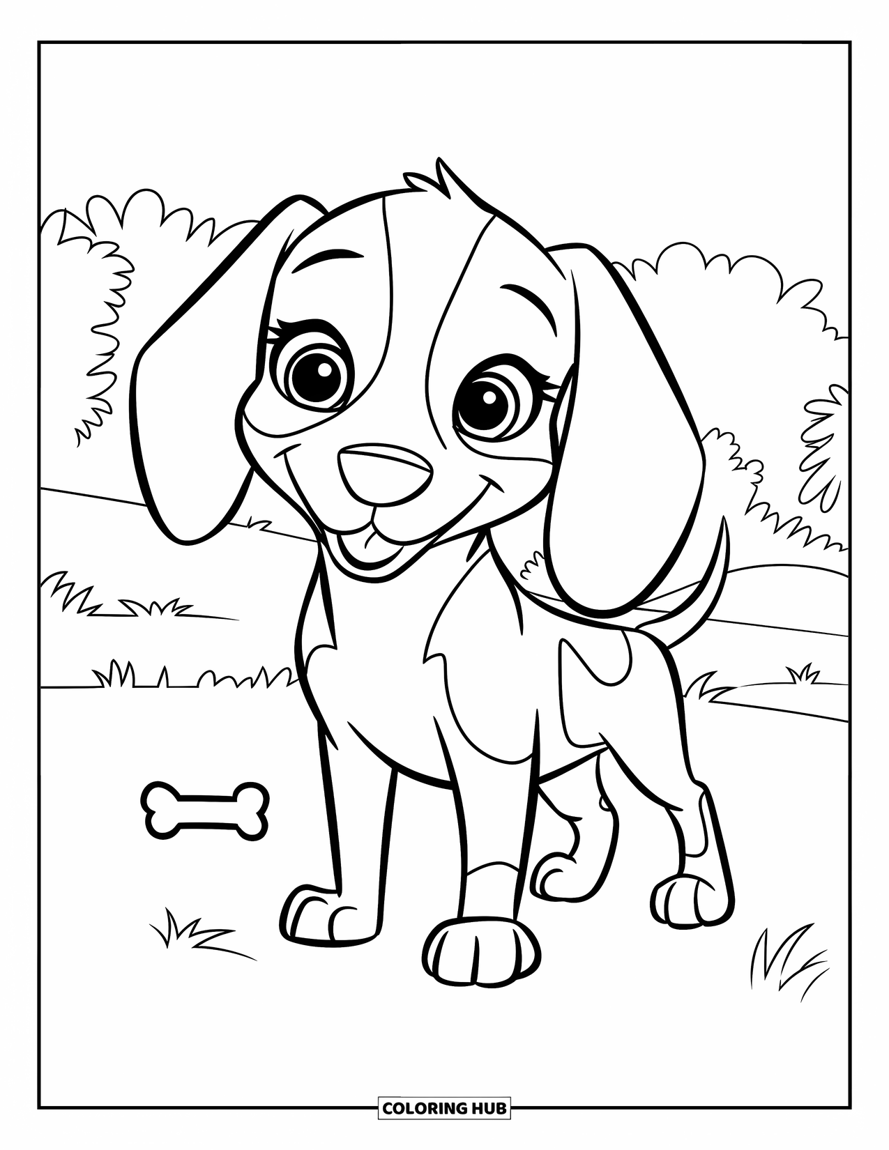 Puppy Coloring Page for Kids: A friendly Beagle puppy stands on a grassy field, a tiny bone beside it