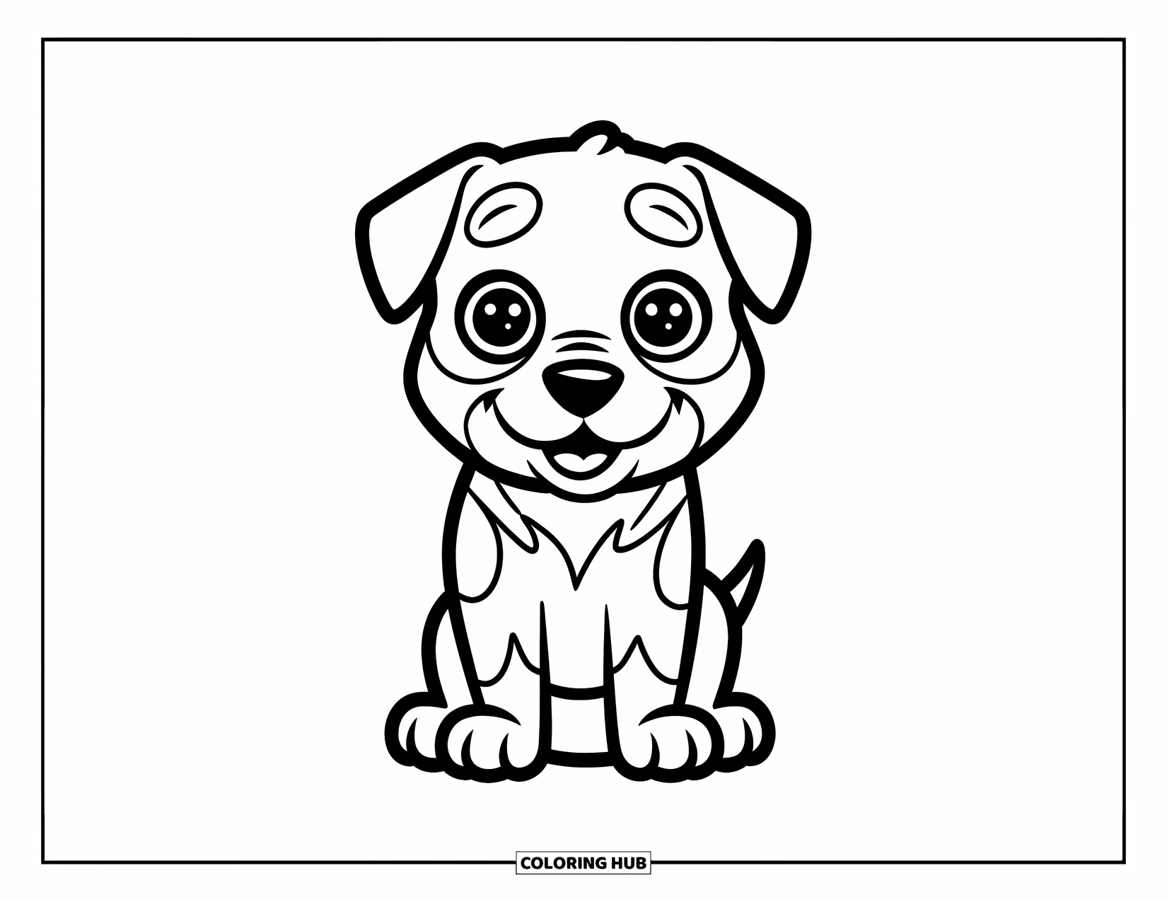 Puppy Coloring Page for Kids: A friendly Rottweiler puppy sits happily, gazing with big, round eyes