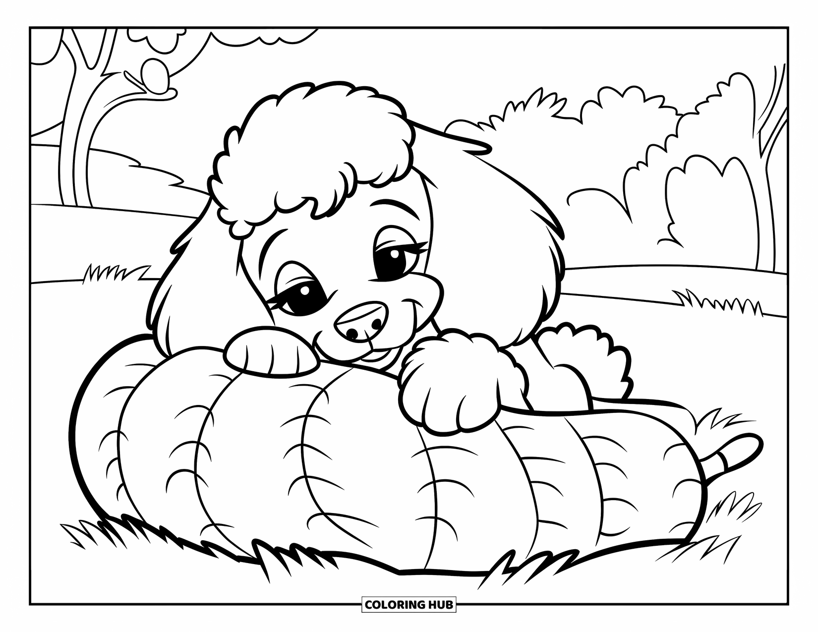 Puppy Coloring Page for Kids: A gentle Poodle puppy rests its head on a soft blanket in a grassy field