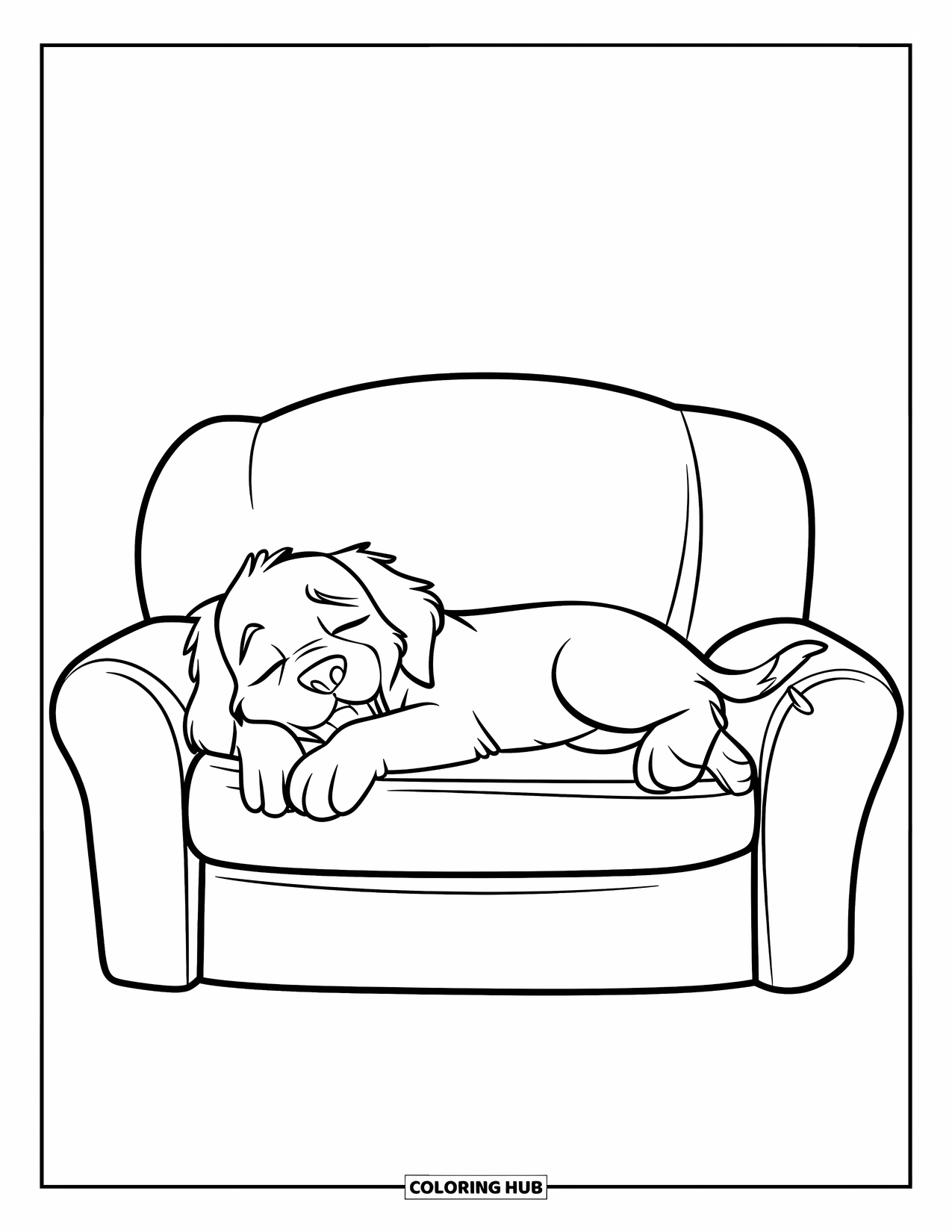Puppy Coloring Page for Kids: A Golden Retriever puppy dozes on a couch, surrounded by soft cushions