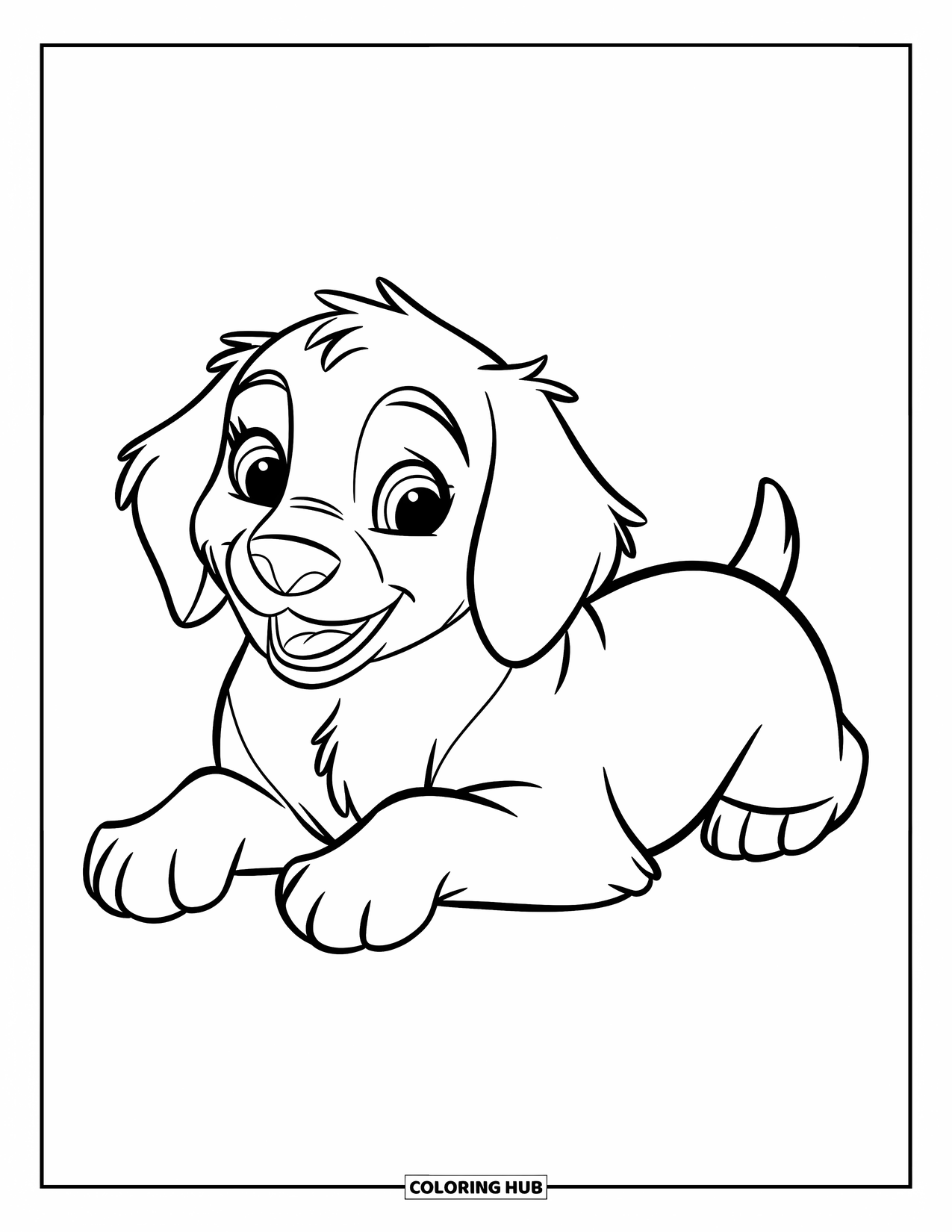 Puppy Coloring Page for Kids: A Golden Retriever puppy lies down with floppy ears and a happy expression