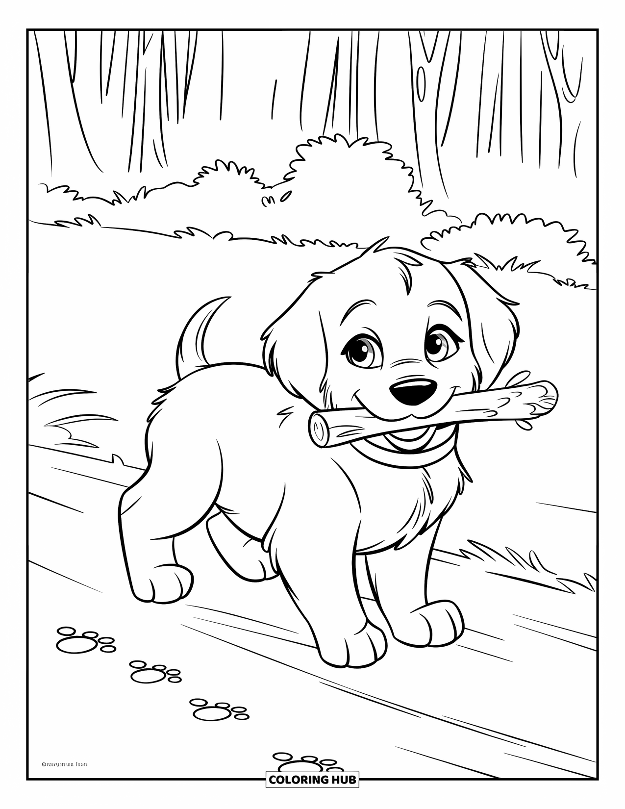 Puppy Coloring Page for Kids: A Golden Retriever puppy proudly carries a small stick along a dirt path