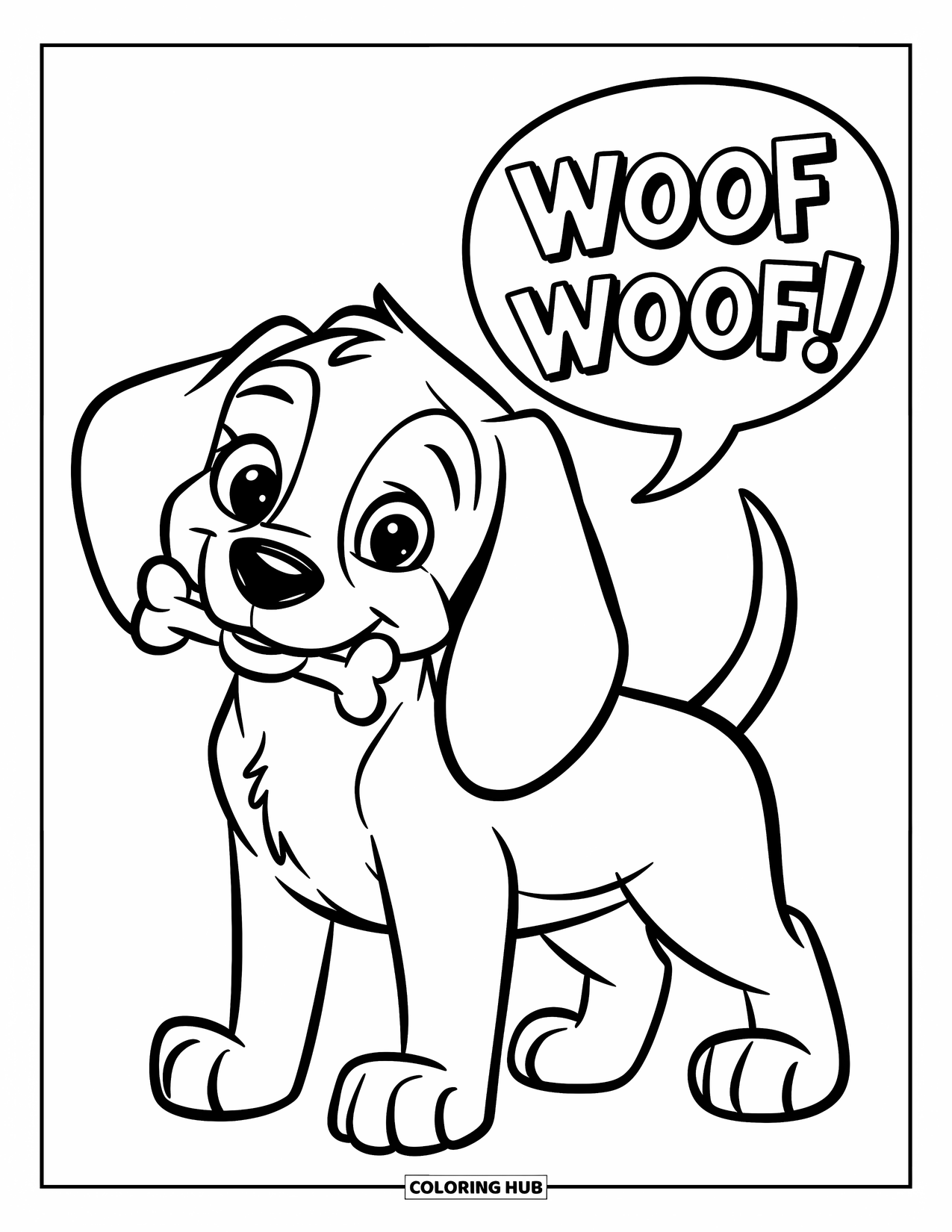 Puppy Coloring Page for Kids: A happy Beagle puppy wags its tail while holding a bone in its mouth