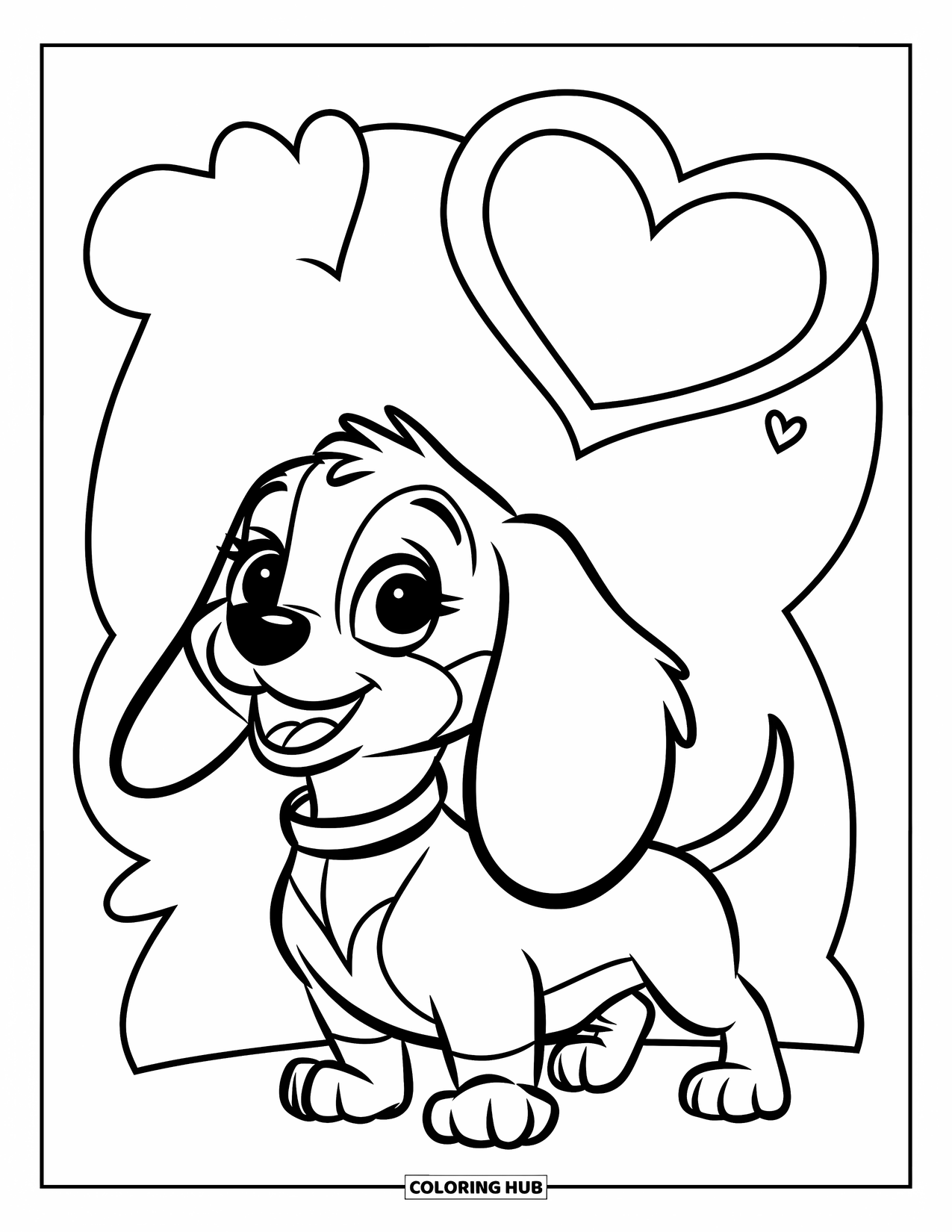 Puppy Coloring Page for Kids: A happy Dachshund puppy looks up with big eyes, waiting for attention