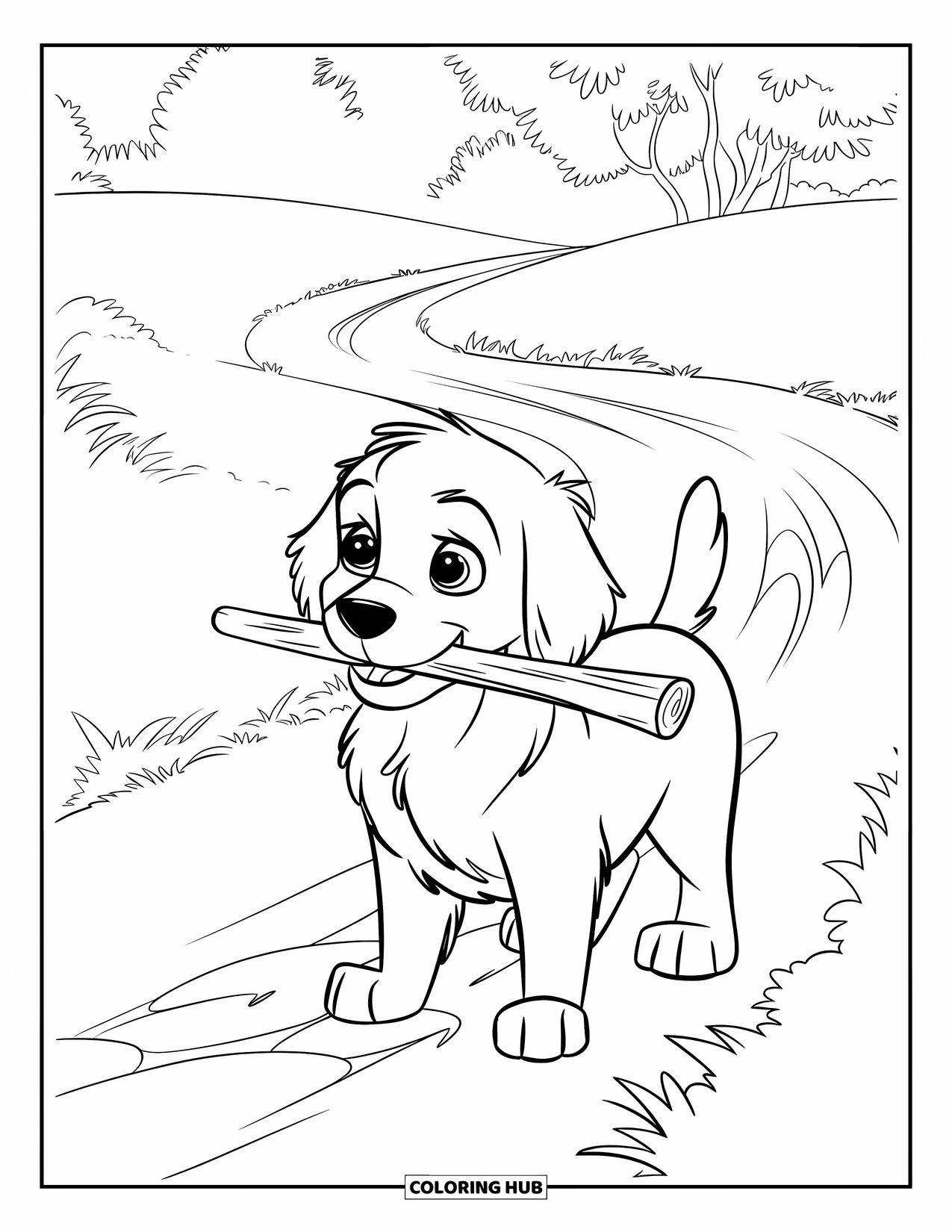 Puppy Coloring Page for Kids: A happy Golden Retriever puppy trots along a path with a stick in its mouth