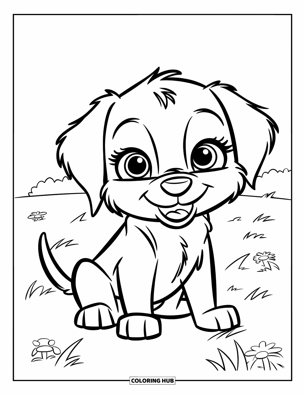 Puppy Coloring Page for Kids: A happy Labrador puppy tilts its head, ears perked up, ready for fun