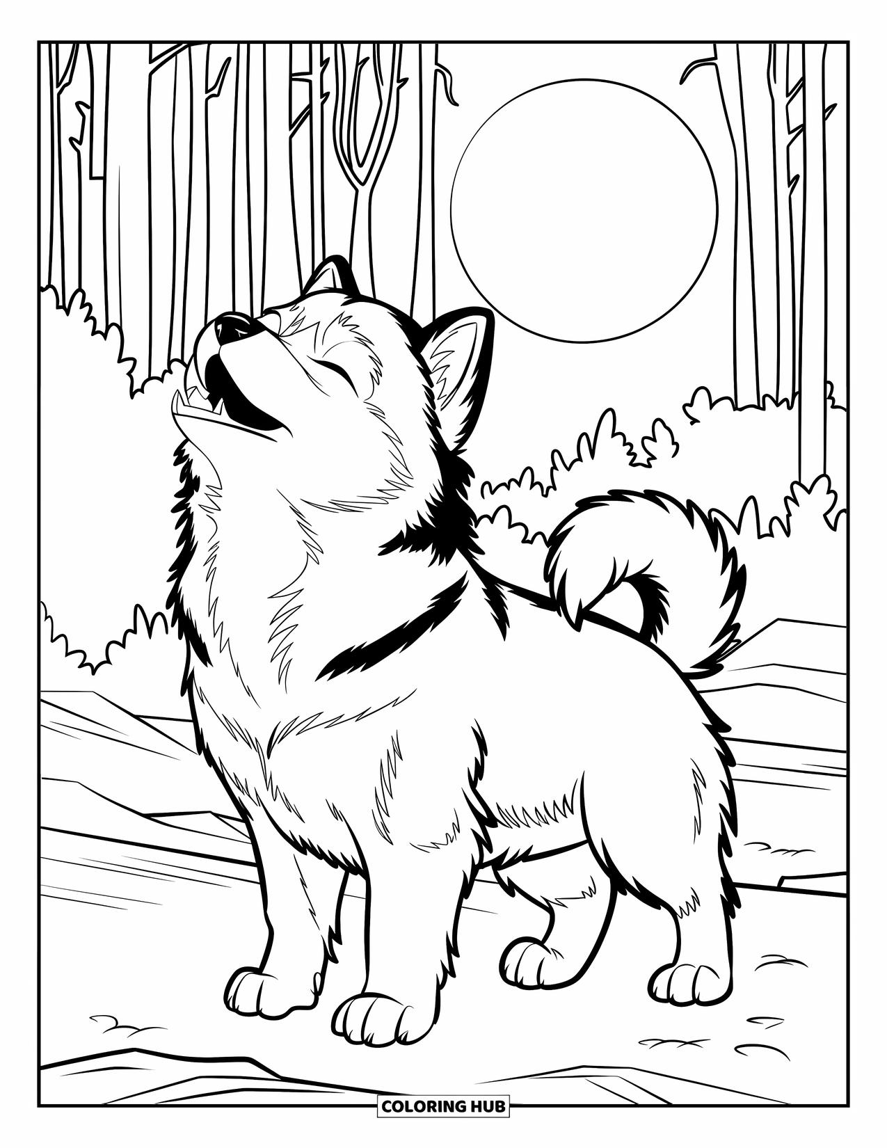Puppy Coloring Page for Kids: A howling Malamute puppy sits on rocky terrain, framed by trees and moonlight