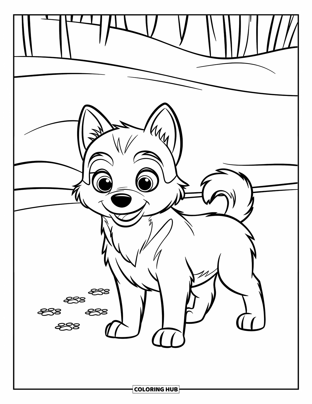Puppy Coloring Page for Kids: A Husky puppy explores a winter wonderland, its footprints marking the fresh snow