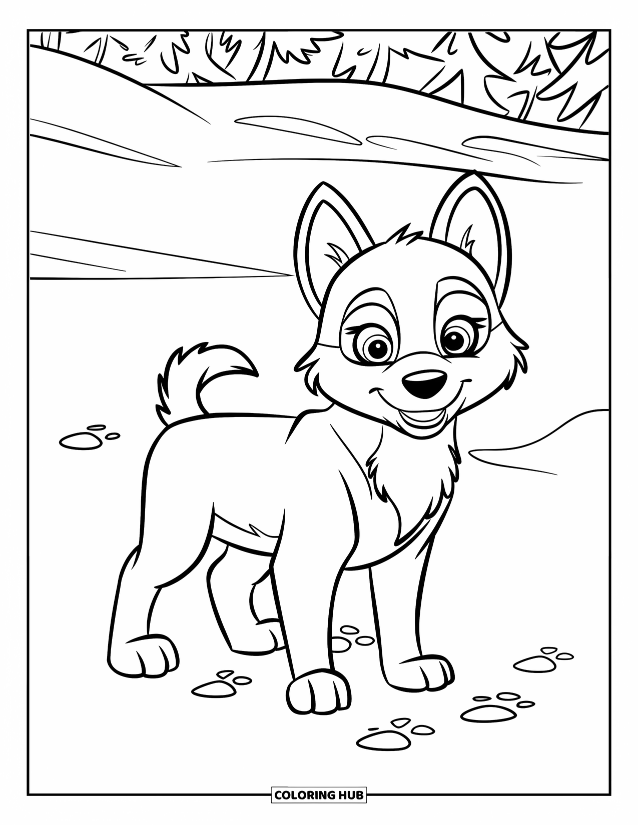 Puppy Coloring Page for Kids: A Husky puppy stands in the snow, leaving tiny paw prints behind