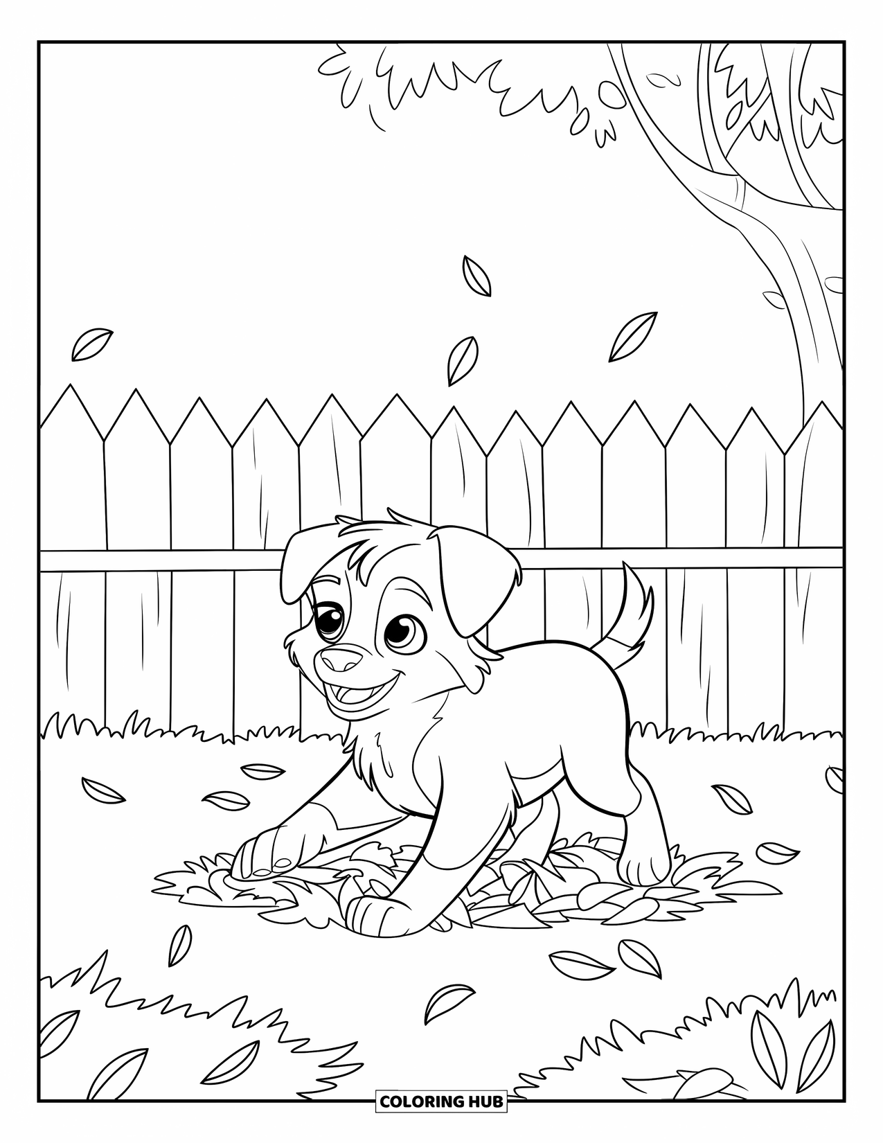 Puppy Coloring Page for Kids: A joyful Border Collie puppy dives into a pile of scattered leaves