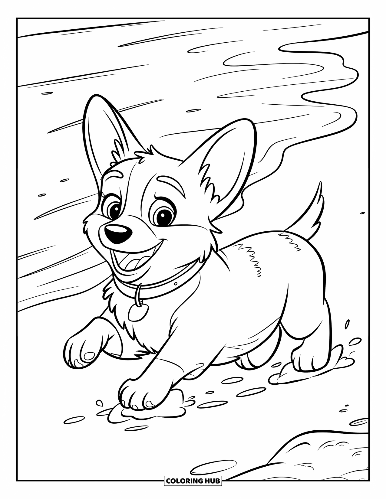 Puppy Coloring Page for Kids: A joyful Corgi puppy runs along the beach as waves touch its paws