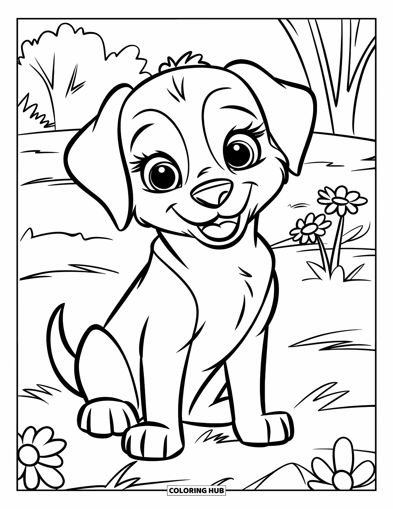 Puppy Coloring Page for Kids: A joyful Labrador puppy sits in the grass, looking up with a cheerful smile
