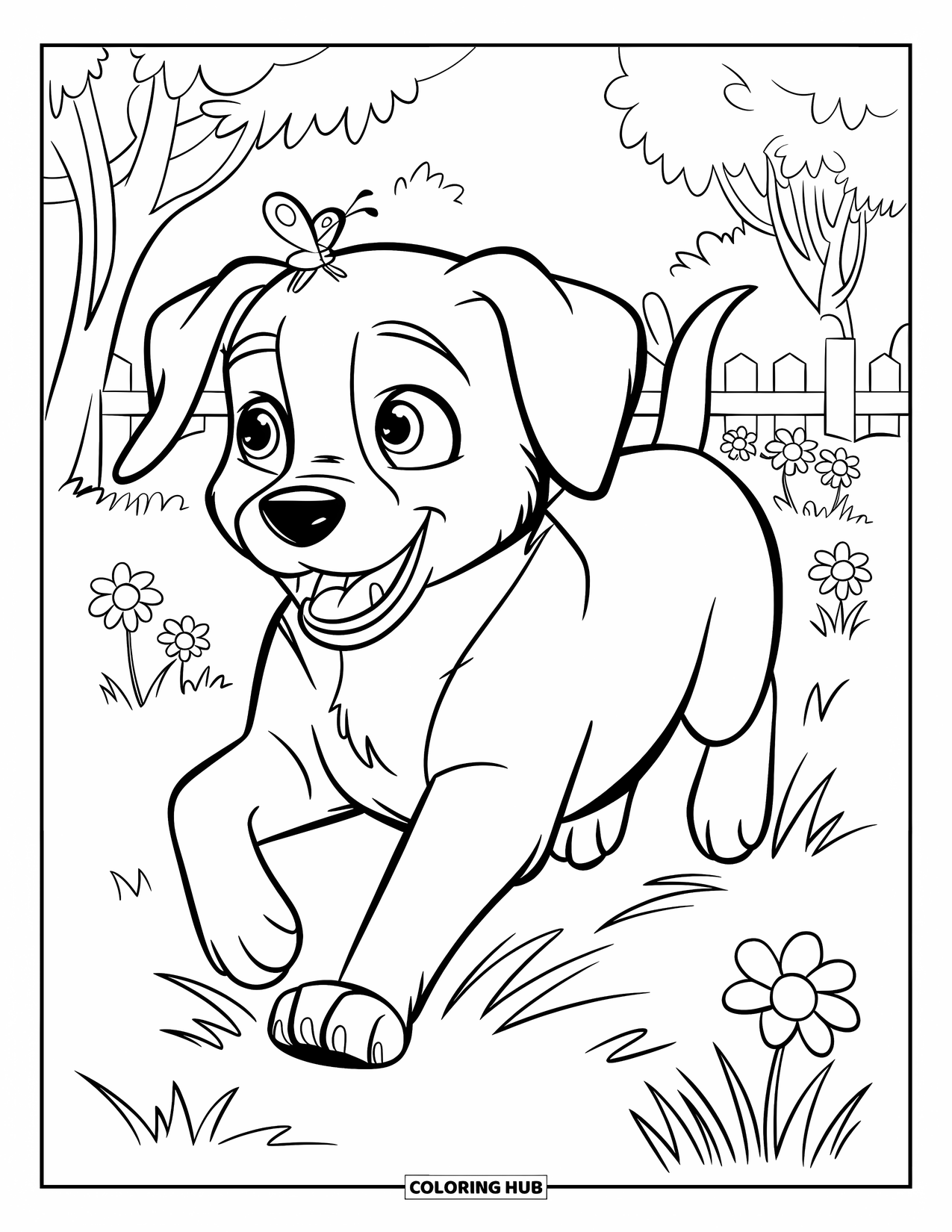 Puppy Coloring Page for Kids: A Labrador Retriever puppy chases a butterfly as it flutters above its nose