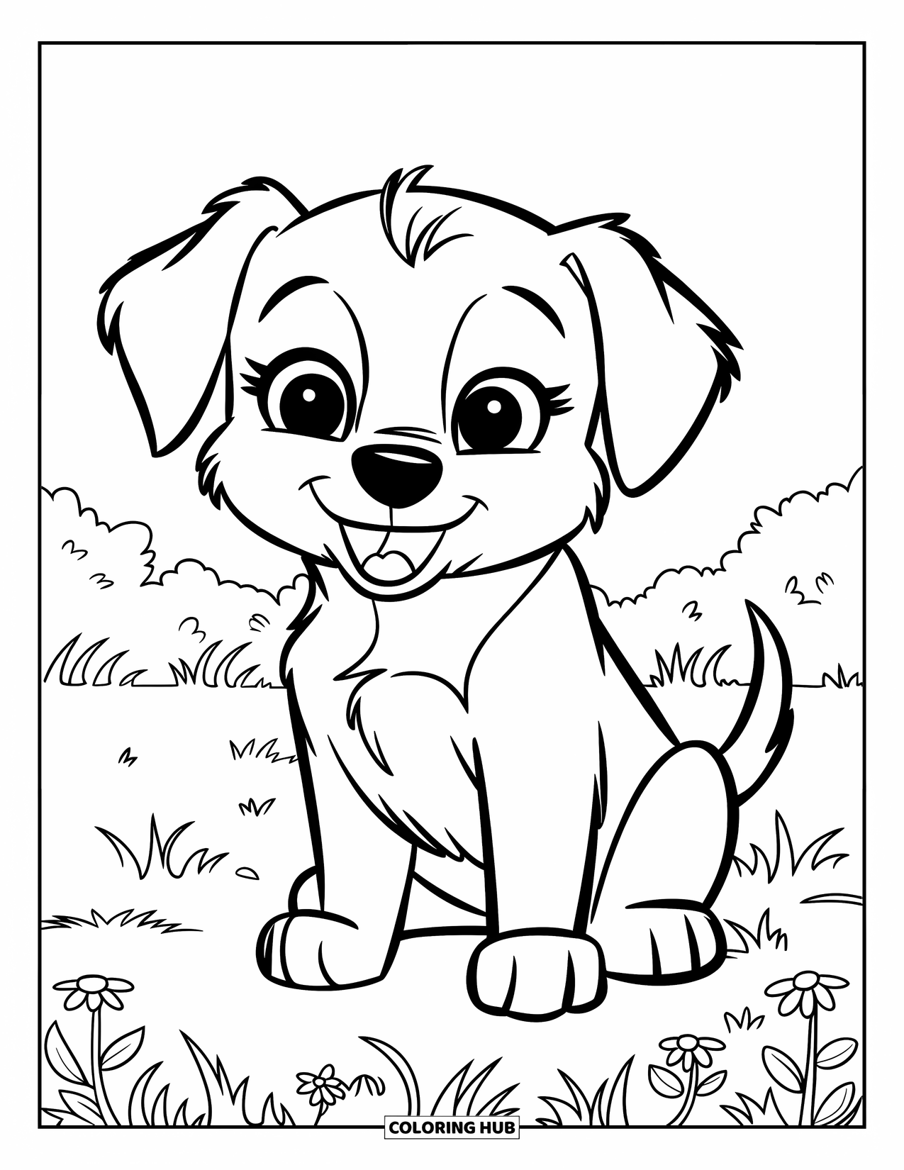 Puppy Coloring Page for Kids: A Labrador Retriever puppy sits on a field of flowers, tail wagging with excitement