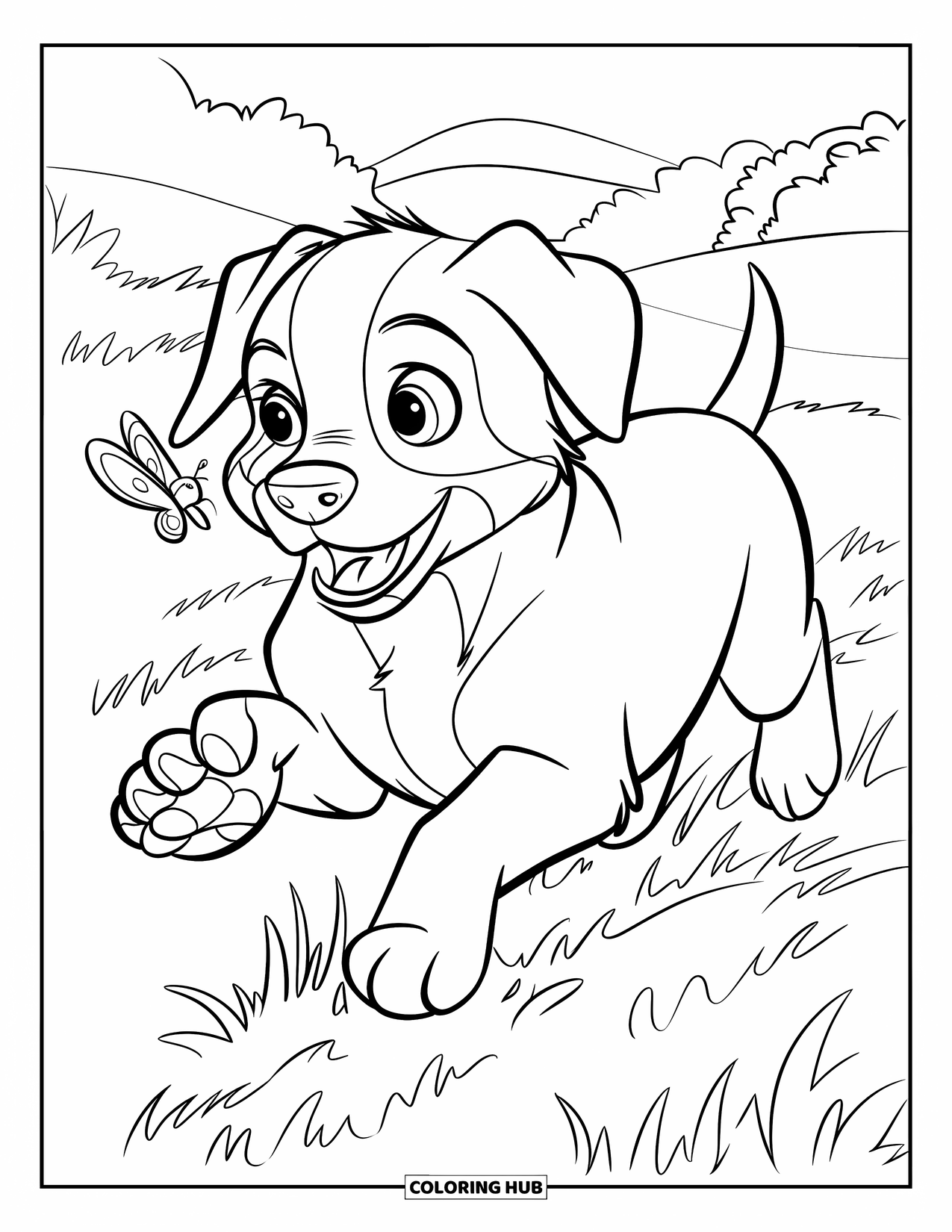 Puppy Coloring Page for Kids: A Labrador Retriever puppy sprints across a field, ears flapping, chasing a butterfly