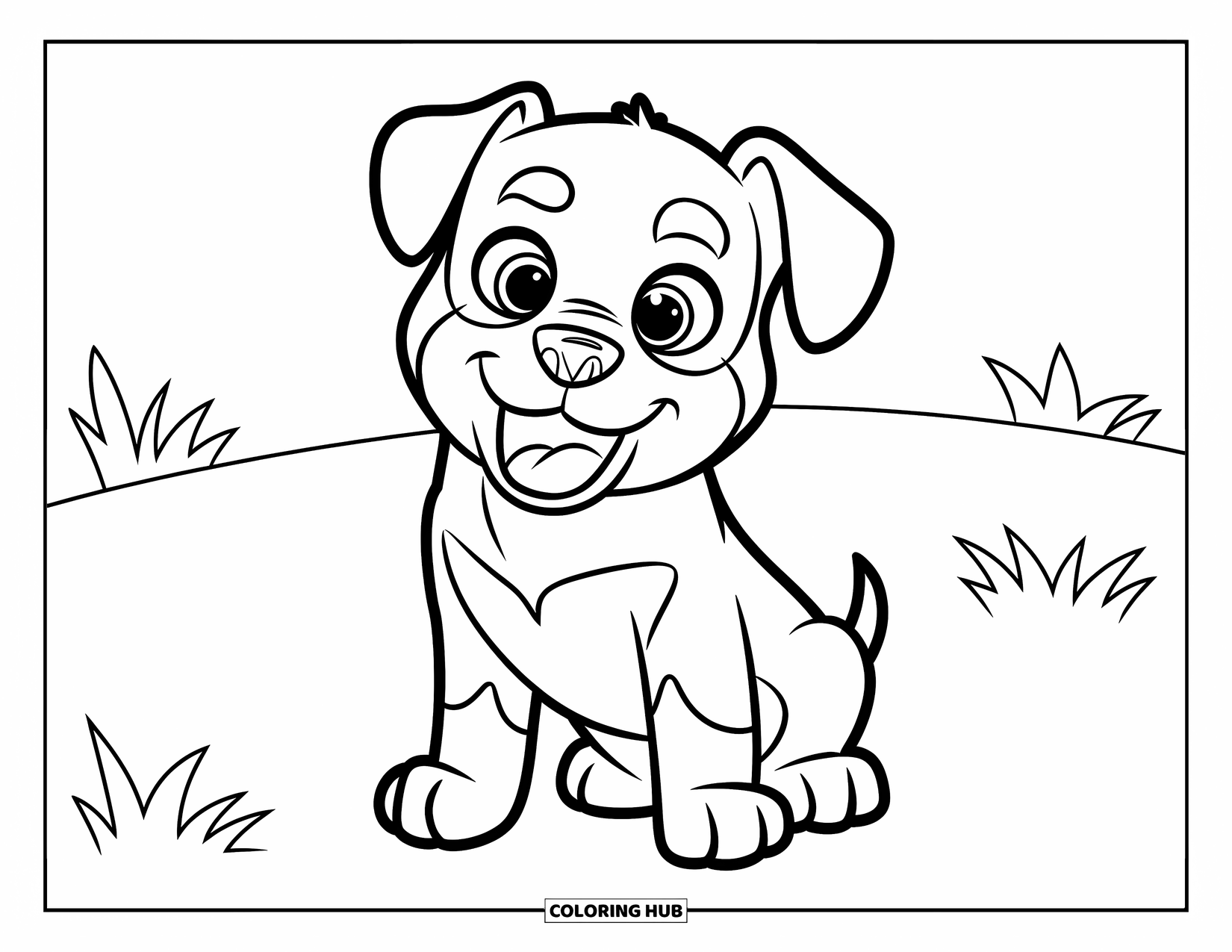 Puppy Coloring Page for Kids: A lovable Rottweiler puppy sits on a grassy patch, looking ready for a cuddle