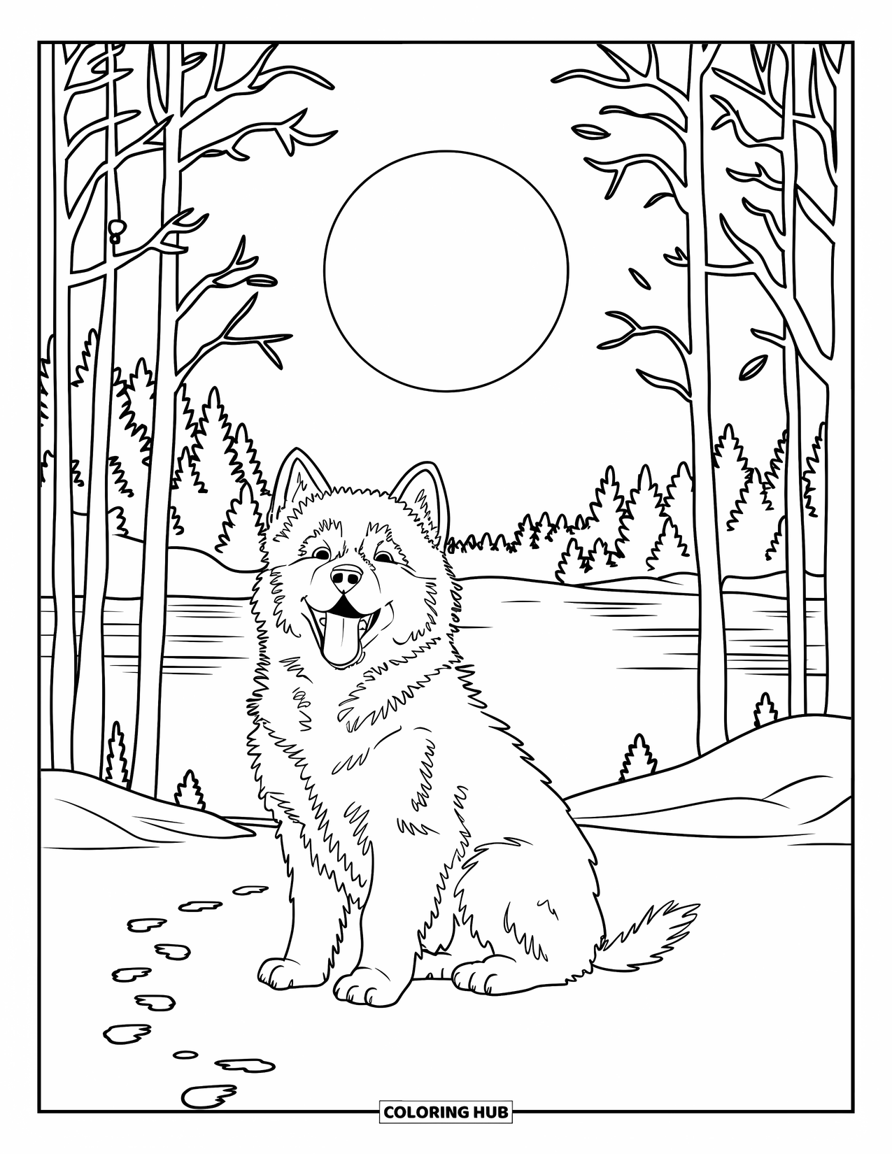 Puppy Coloring Page for Kids: A Malamute puppy lifts its head and howls at the glowing moon in a snowy forest