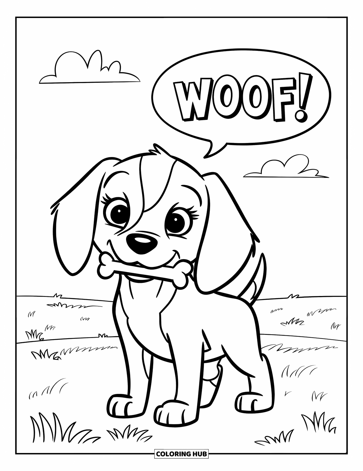Puppy Coloring Page for Kids: A playful Beagle puppy holds a bone in its mouth, looking cheerful and eager
