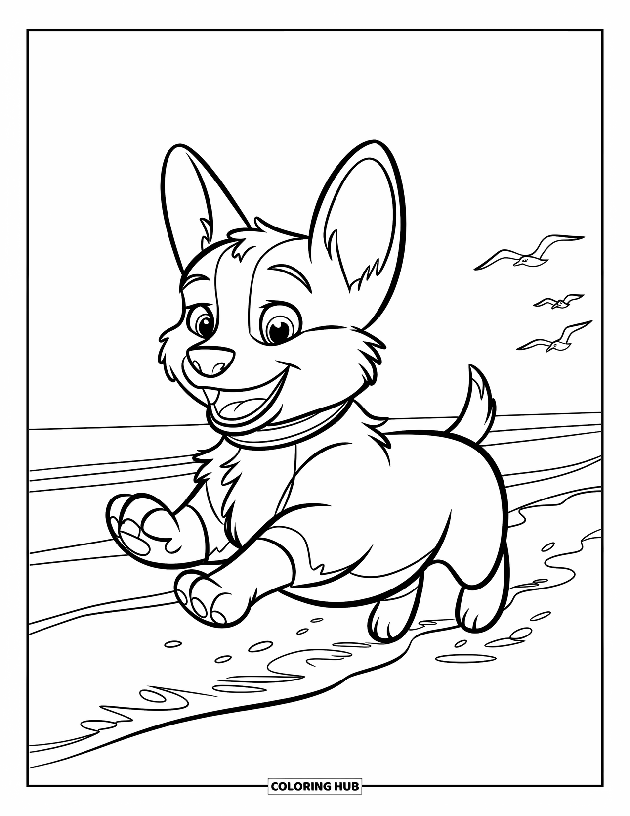 Puppy Coloring Page for Kids: A playful Corgi puppy runs near the water, with seagulls soaring overhead